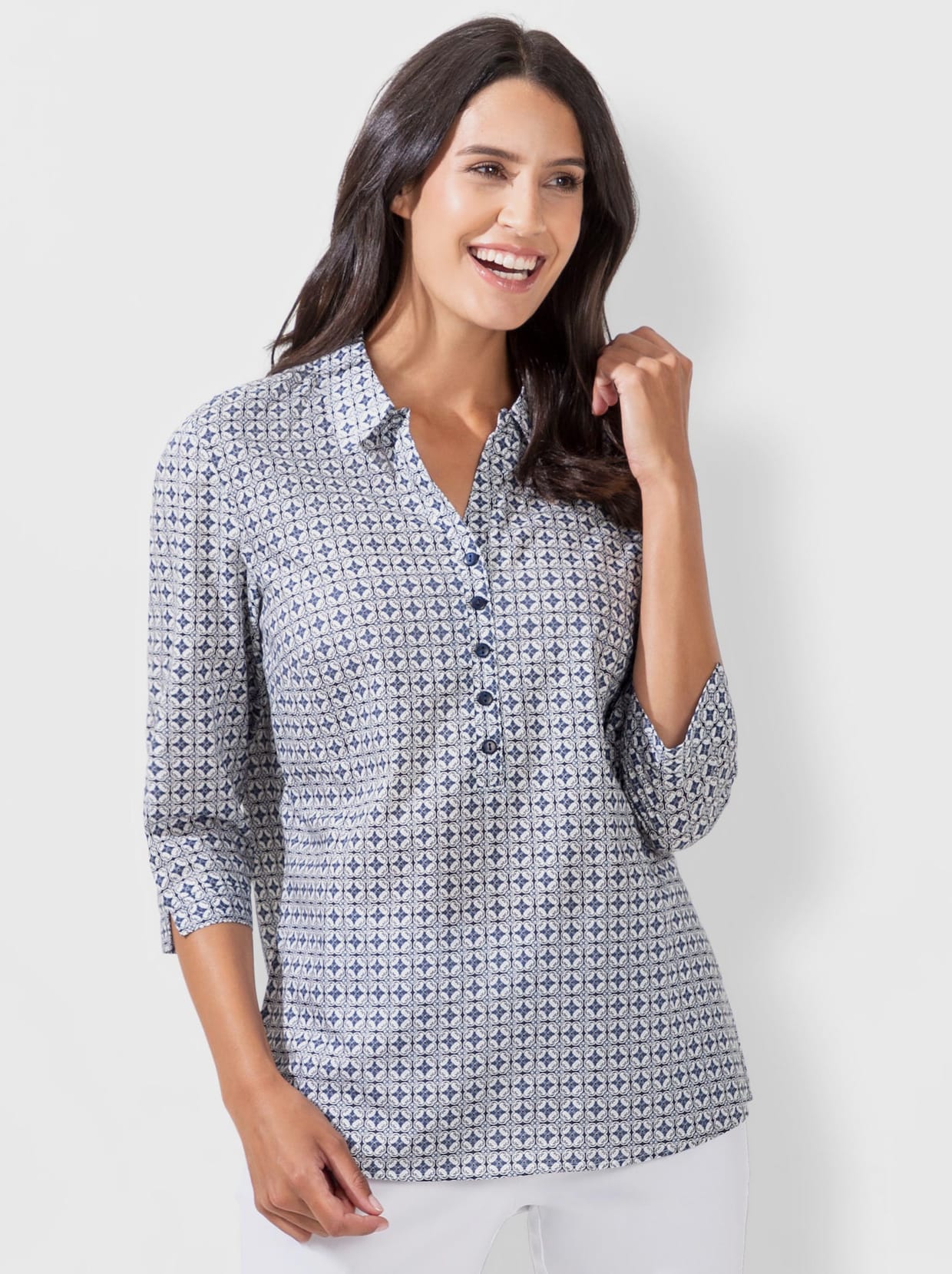 Comfortabele blouse - marine/wit geprint