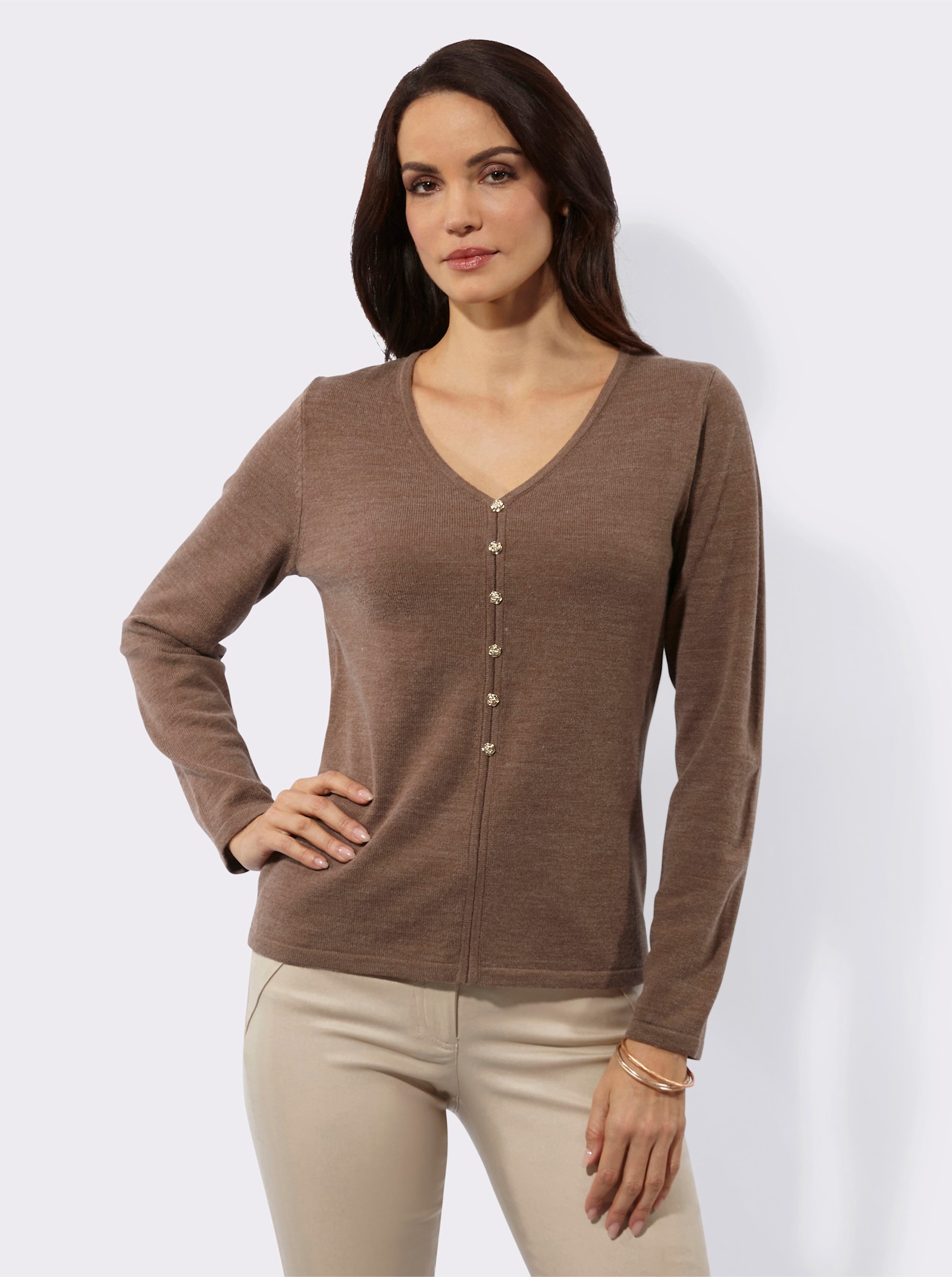 Langarm-Pullover mit Zierknopf-Leiste - braun