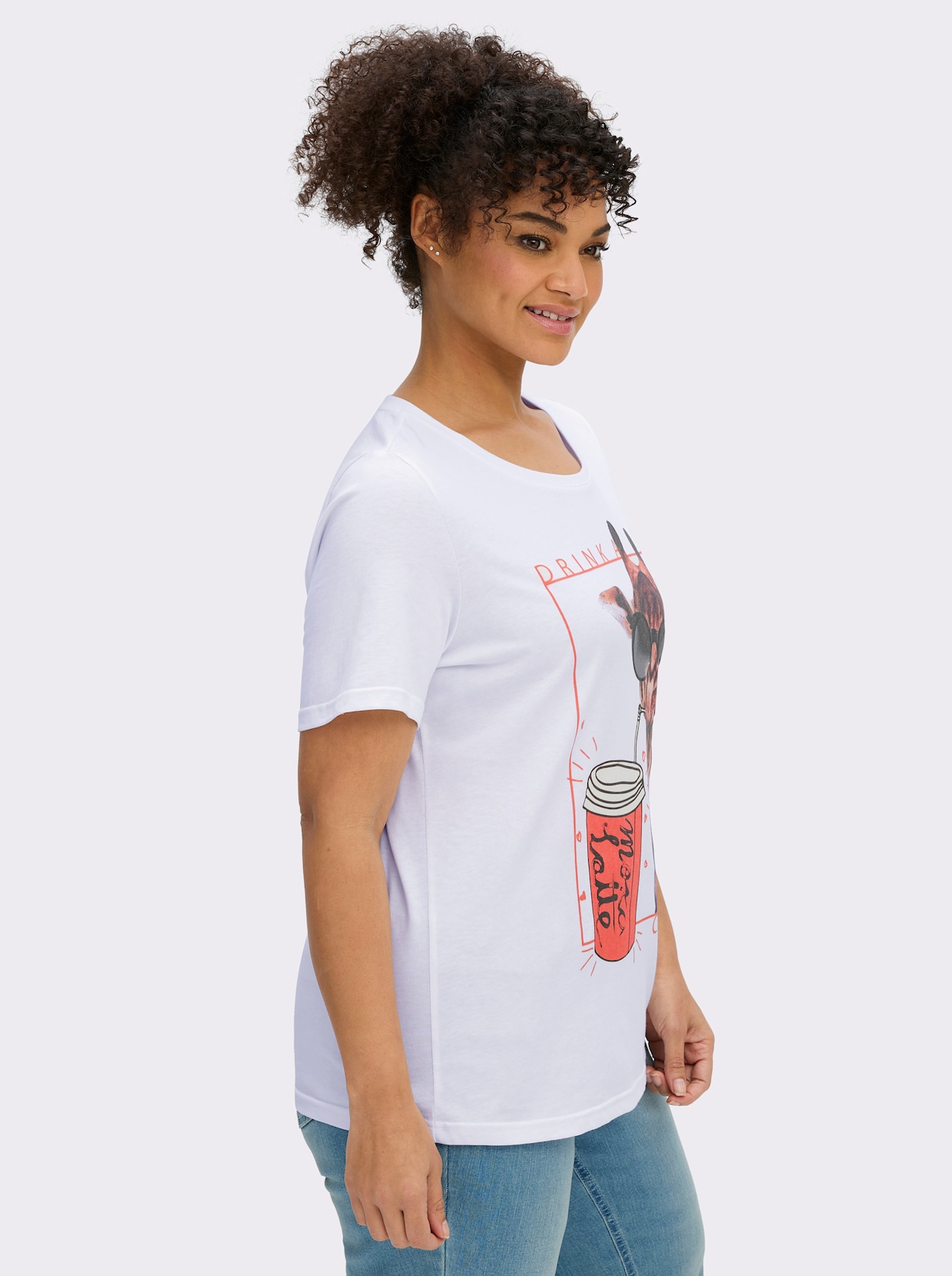 Kurzarmshirt mit Giraffen-Motiv - weiß-orange-bedruckt