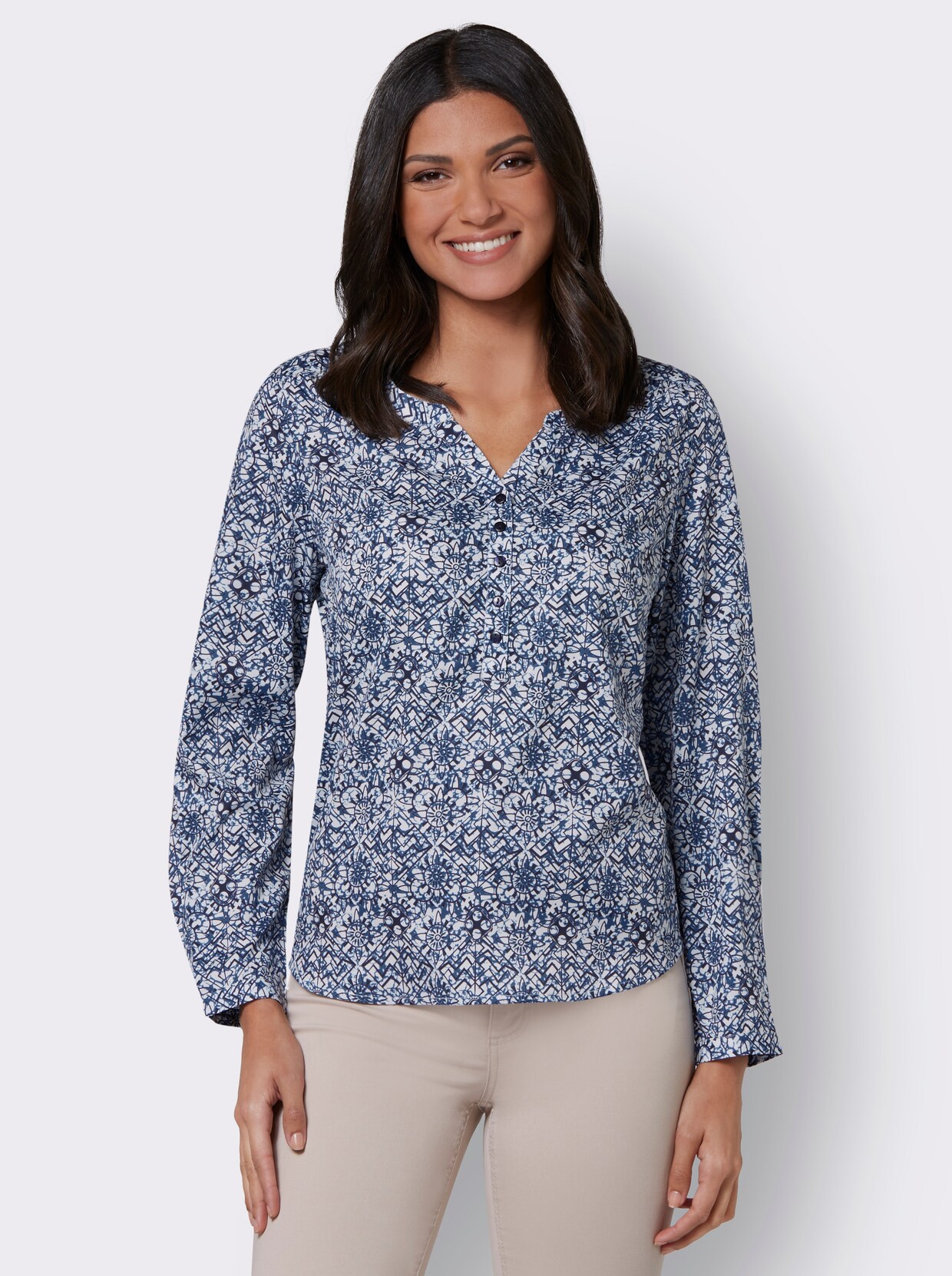 Comfortabele blouse - marine/lichtgrijs bedrukt