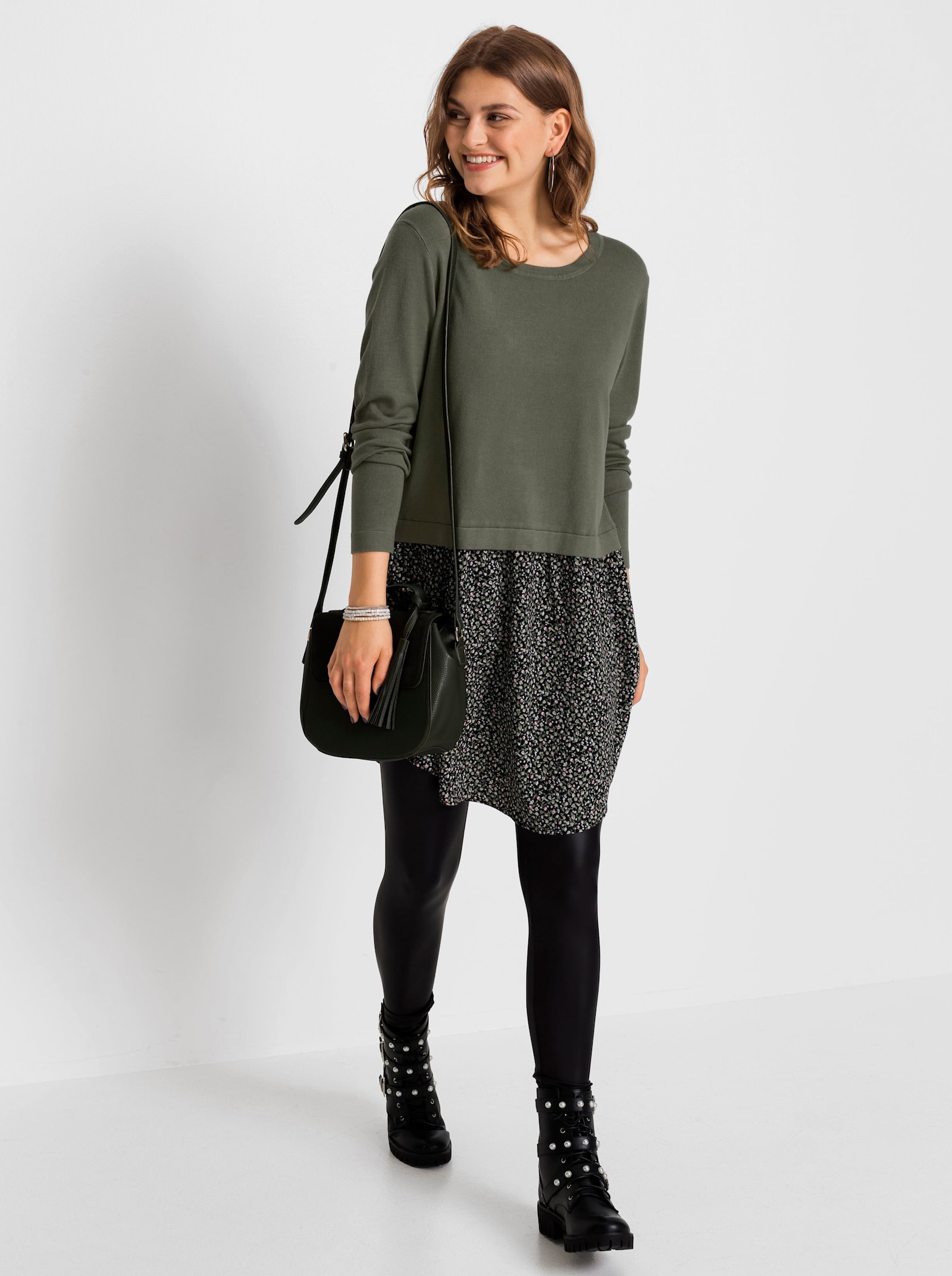 Freizeitkleid in 2-in-1-Optik - khaki-schwarz-gemustert