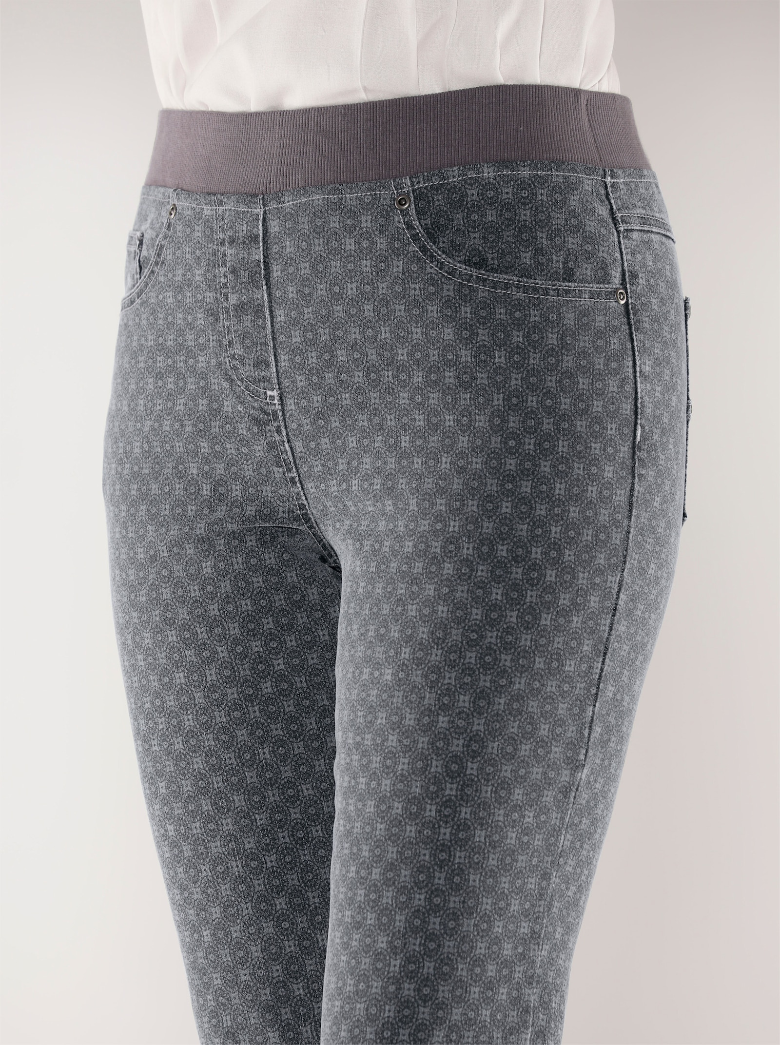 Comfortjeans met geribde comfortband van tricot - grey/denim bedrukt