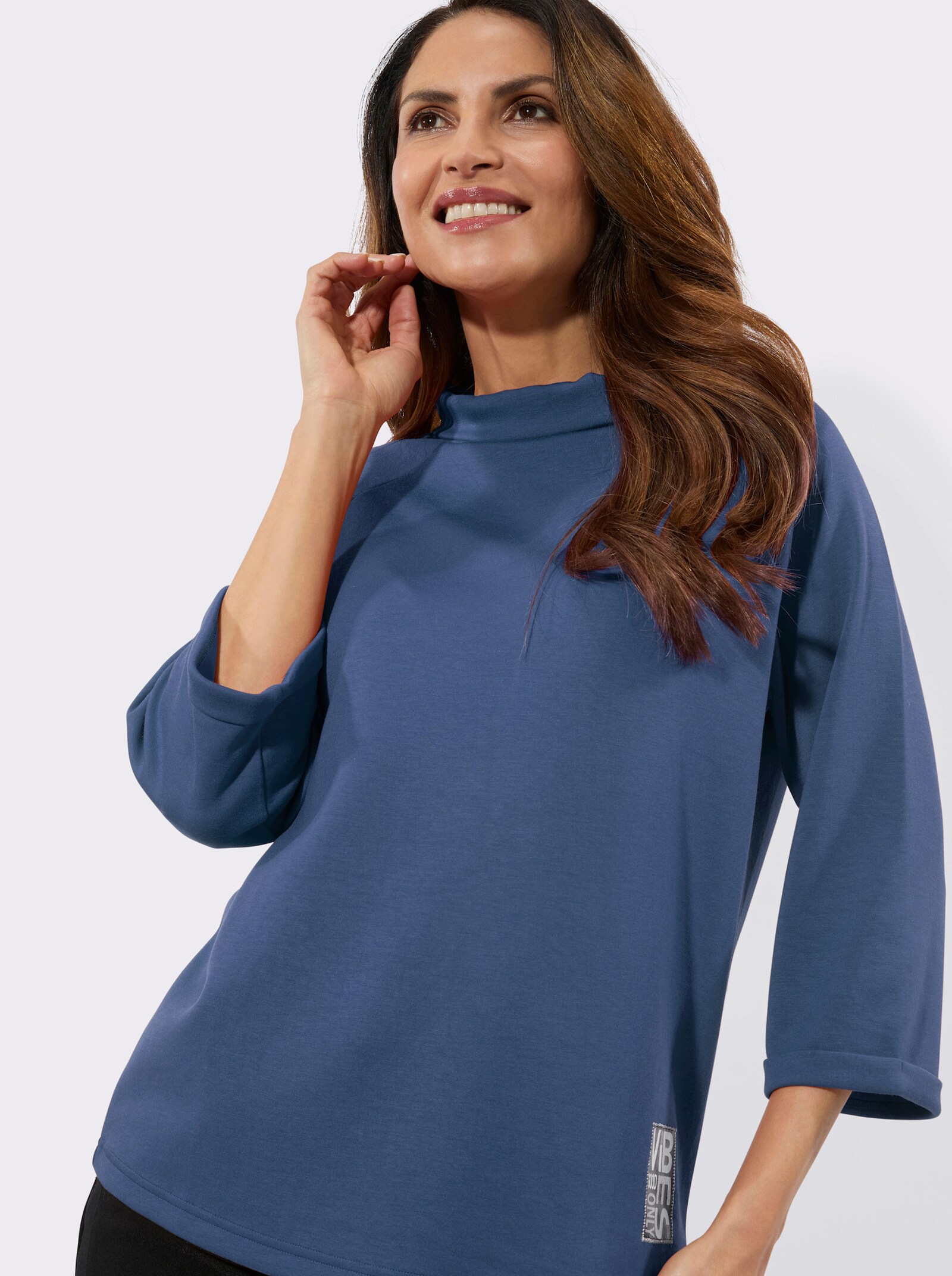 3/4-Arm-Shirt mit halsfernem Rollkragen - jeansblau