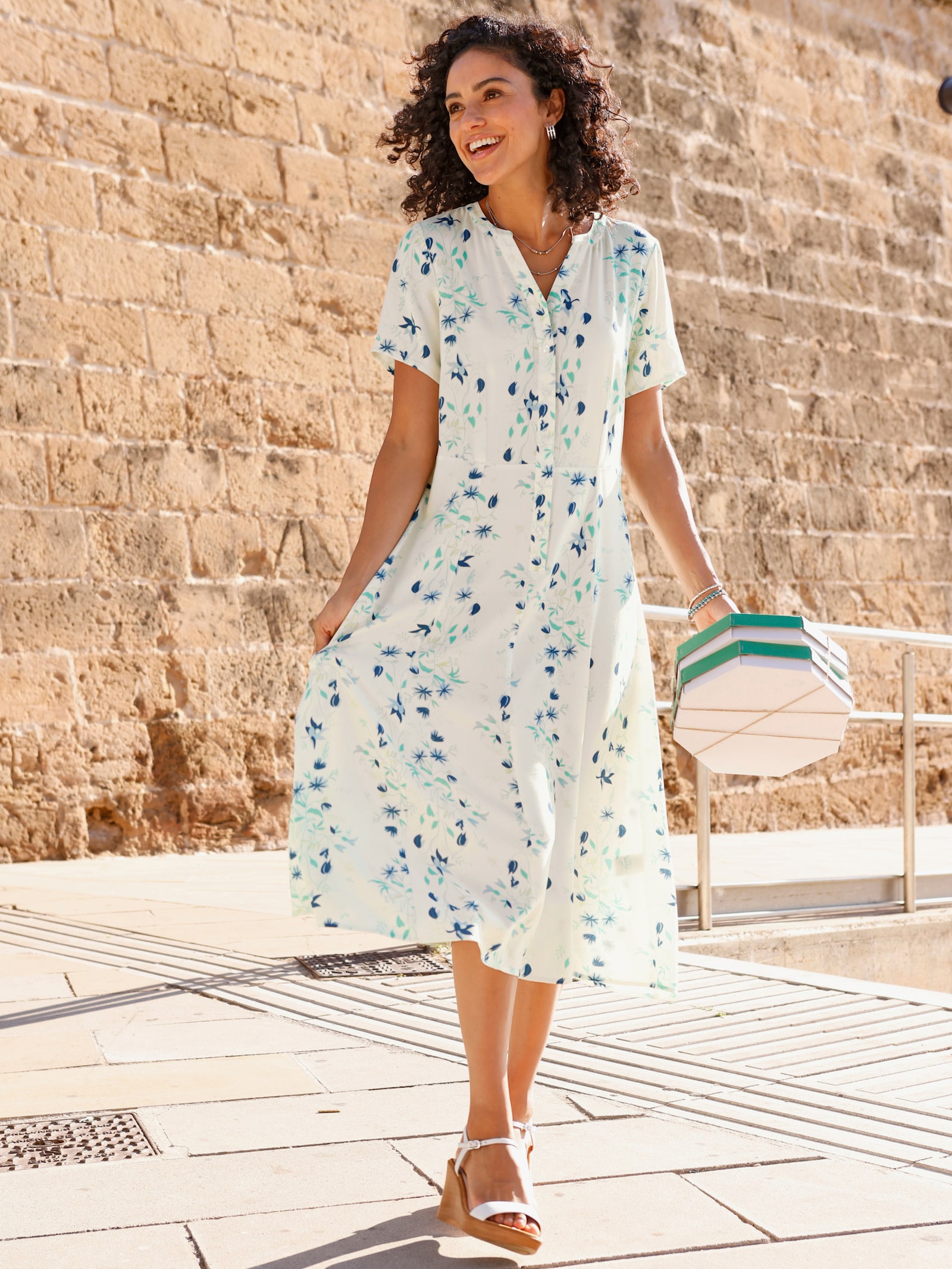 Webkleid in Bahnenform - ecru-blaugrün-bedruckt