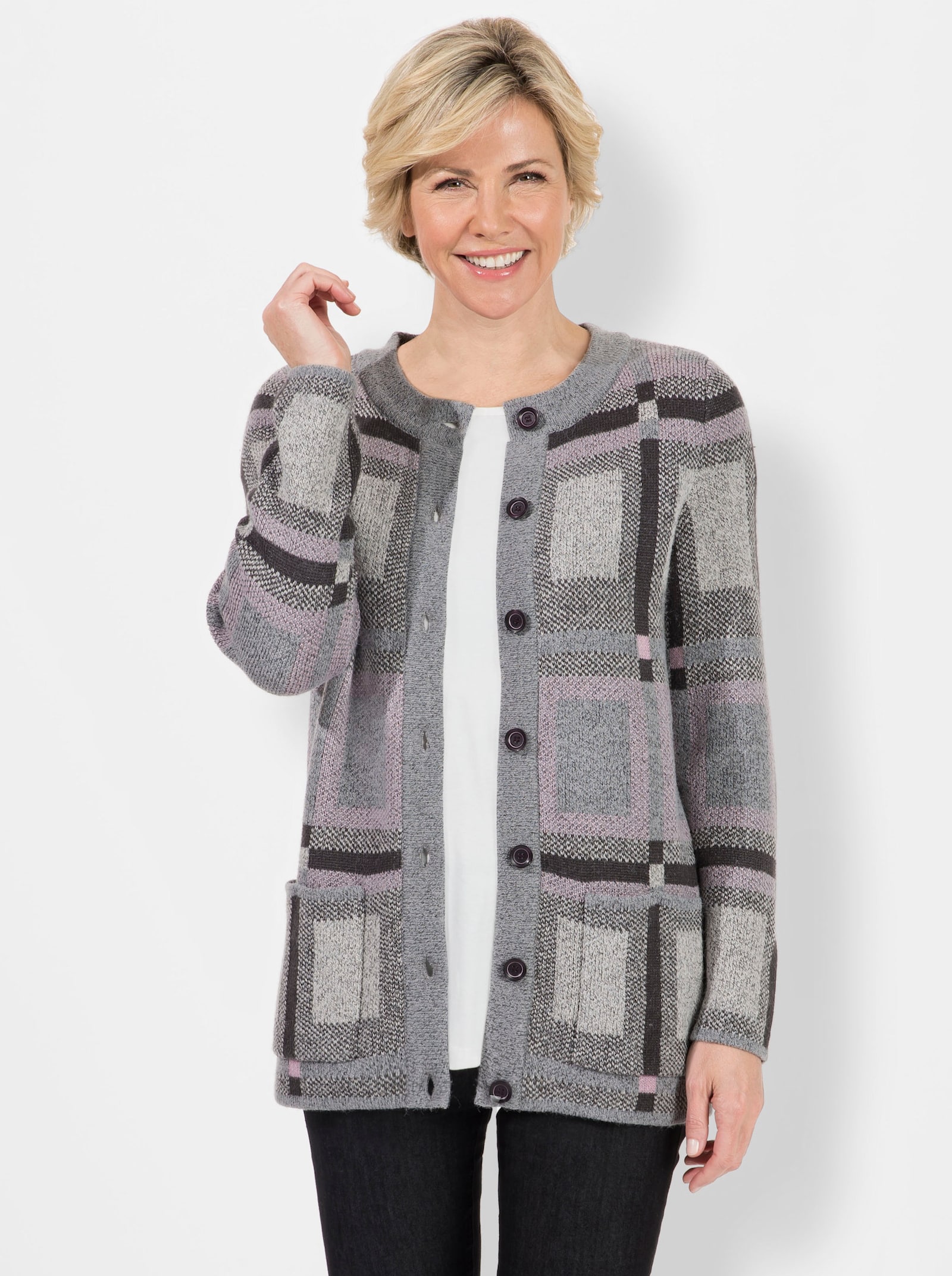 Strickjacke im Jacquard-Dessin - grau-rosé-gemustert