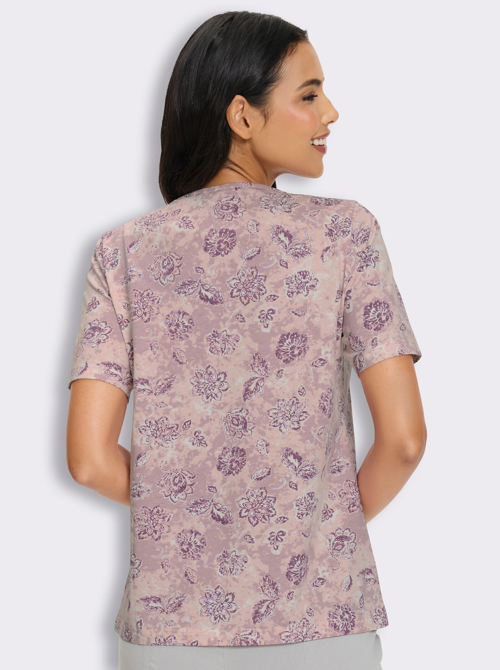 Kurzarmshirt mit Faltenpartie vorne - mauve-hortensie-bedruckt