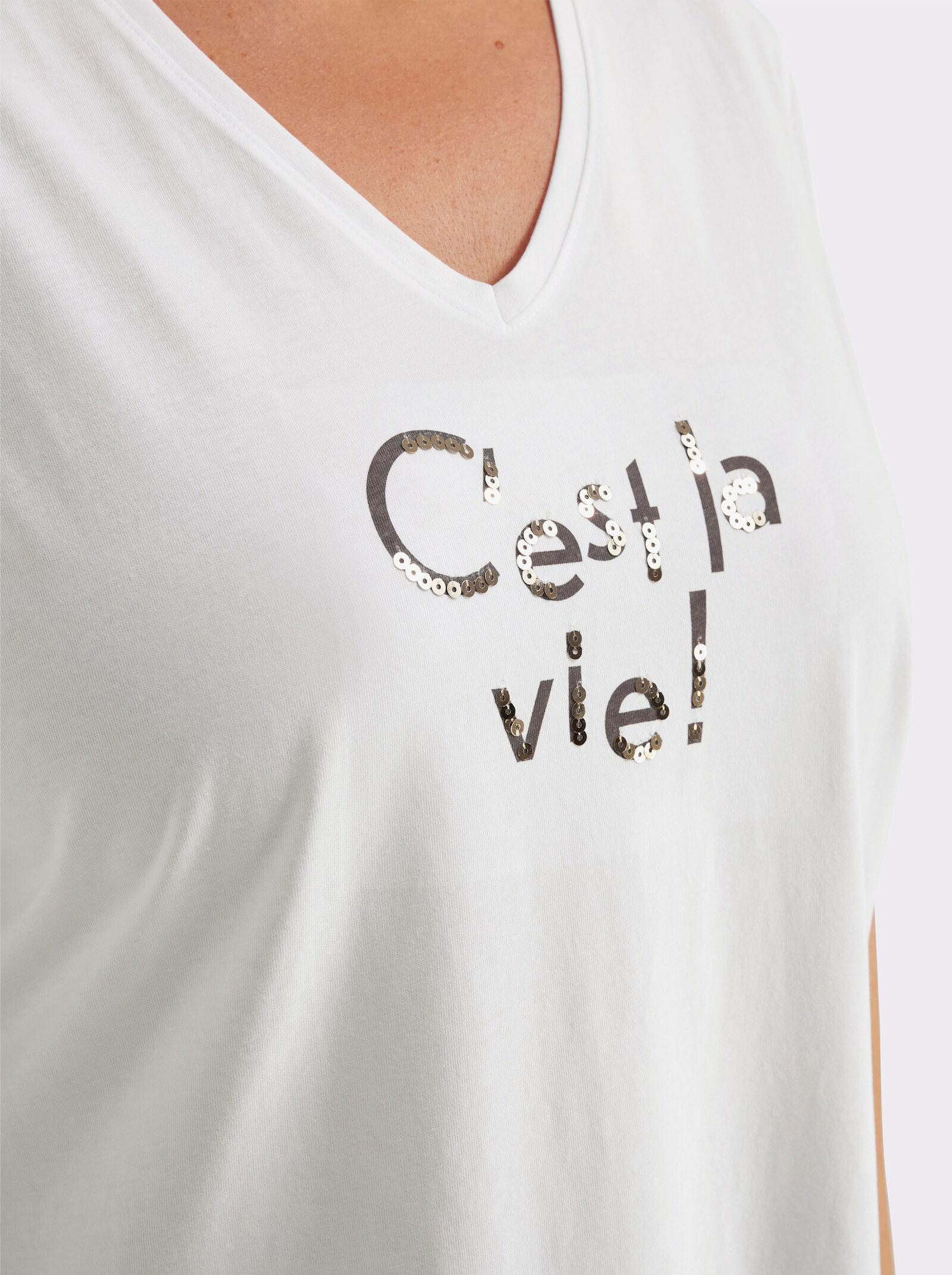 sheego Shirt met V-hals, tekstprint en pailletten - ecru