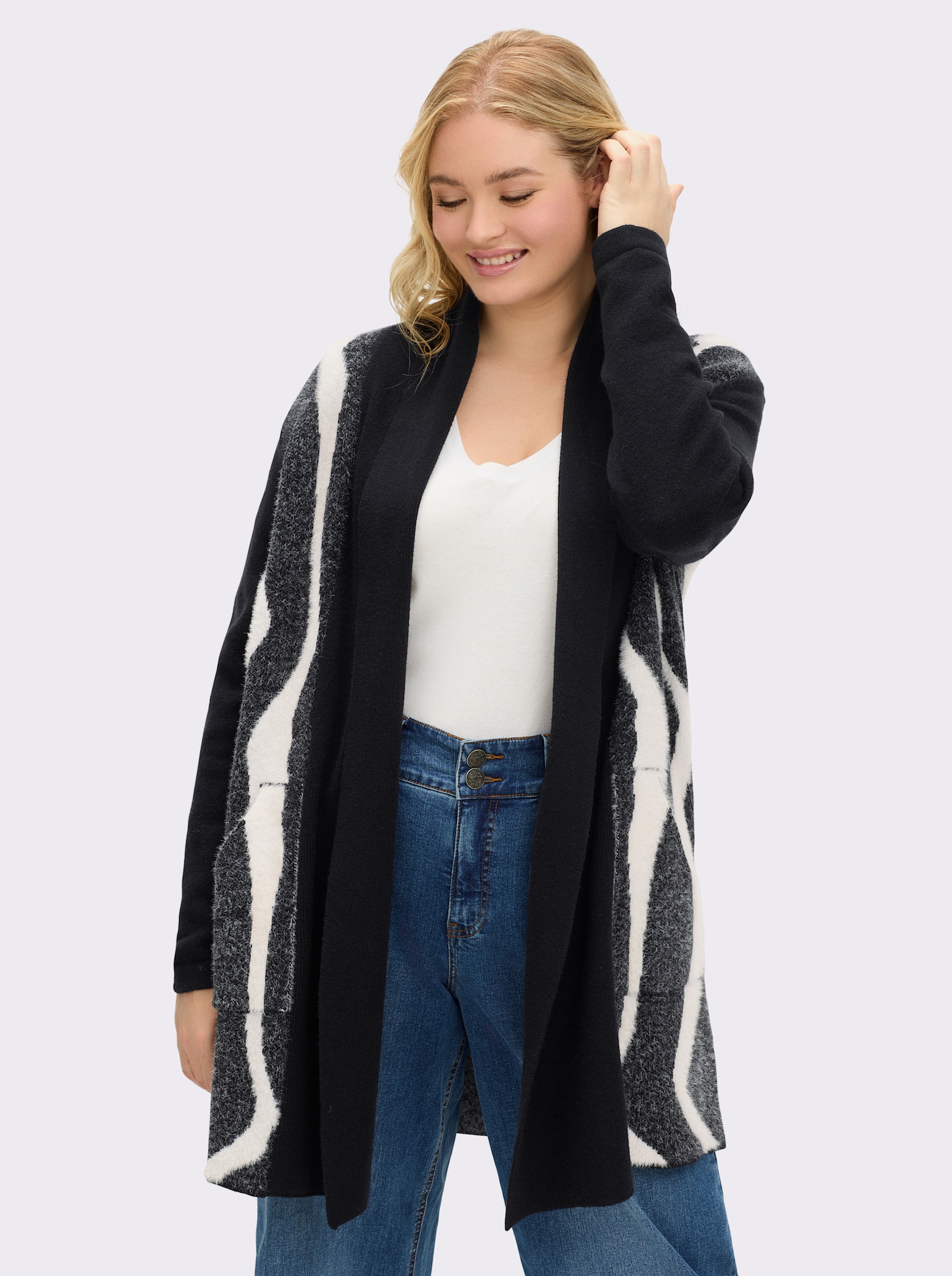 sheego Vest met pluisgarenpatroon - zwart/ecru gedessineerd