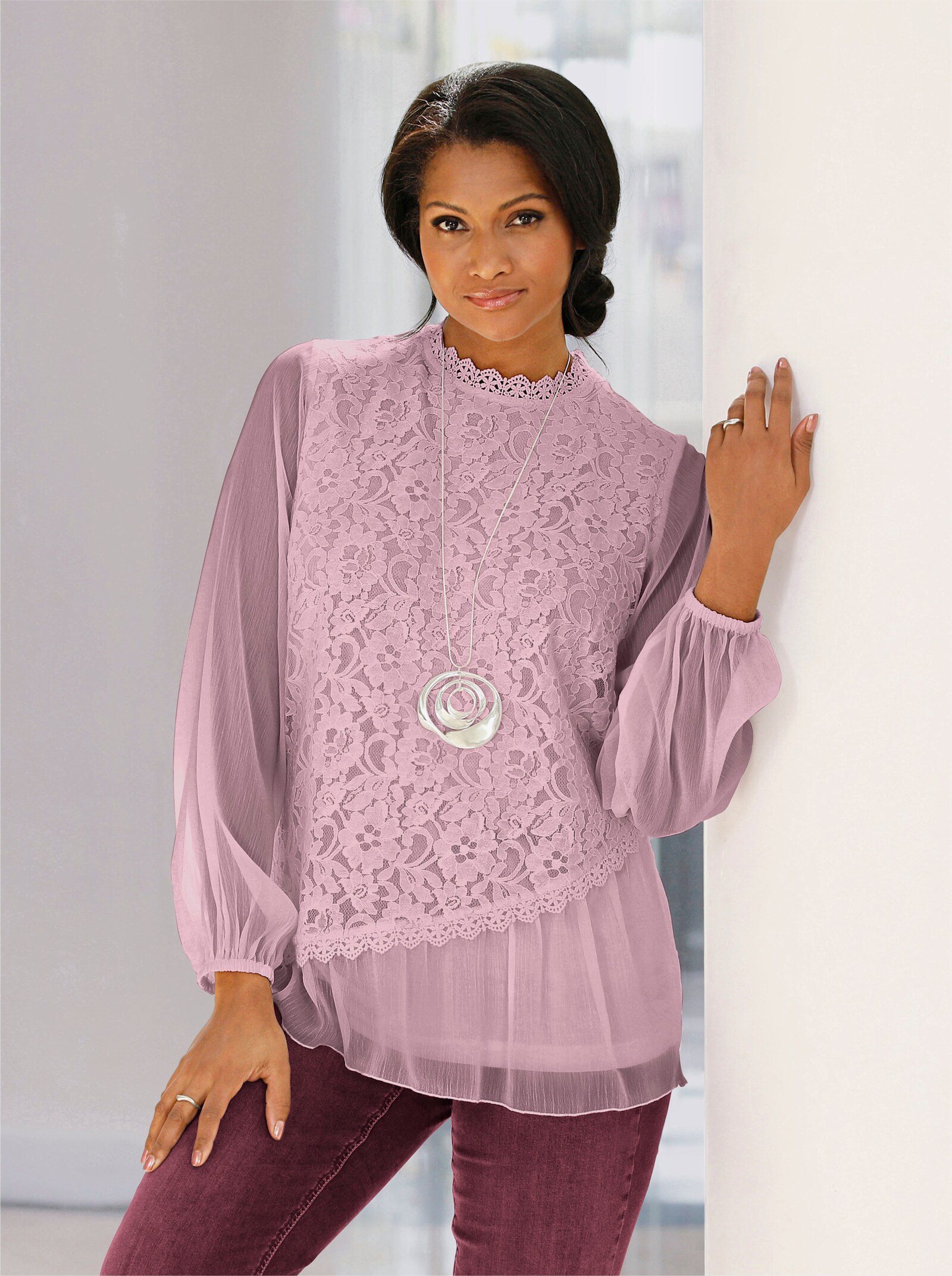 Spitzenbluse im Lagenlook - mauve