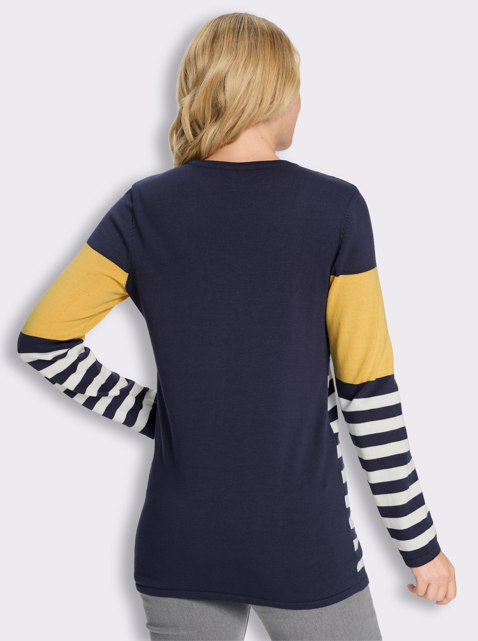Longpullover mit Streifen-Muster vorne - gelb-marine-geringelt