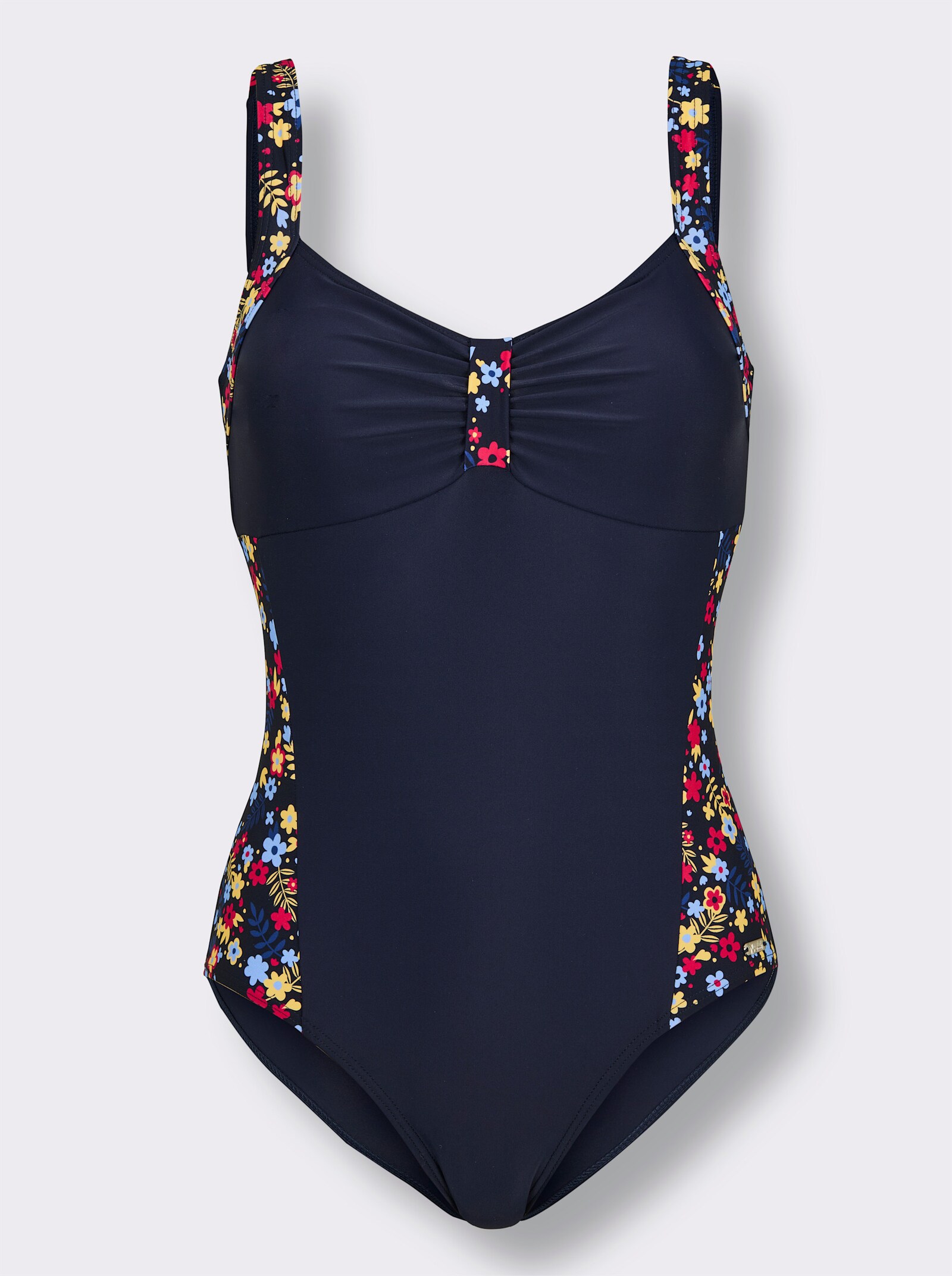 feel good Badeanzug mit Raffungen am V-Ausschnitt - marine-bedruckt