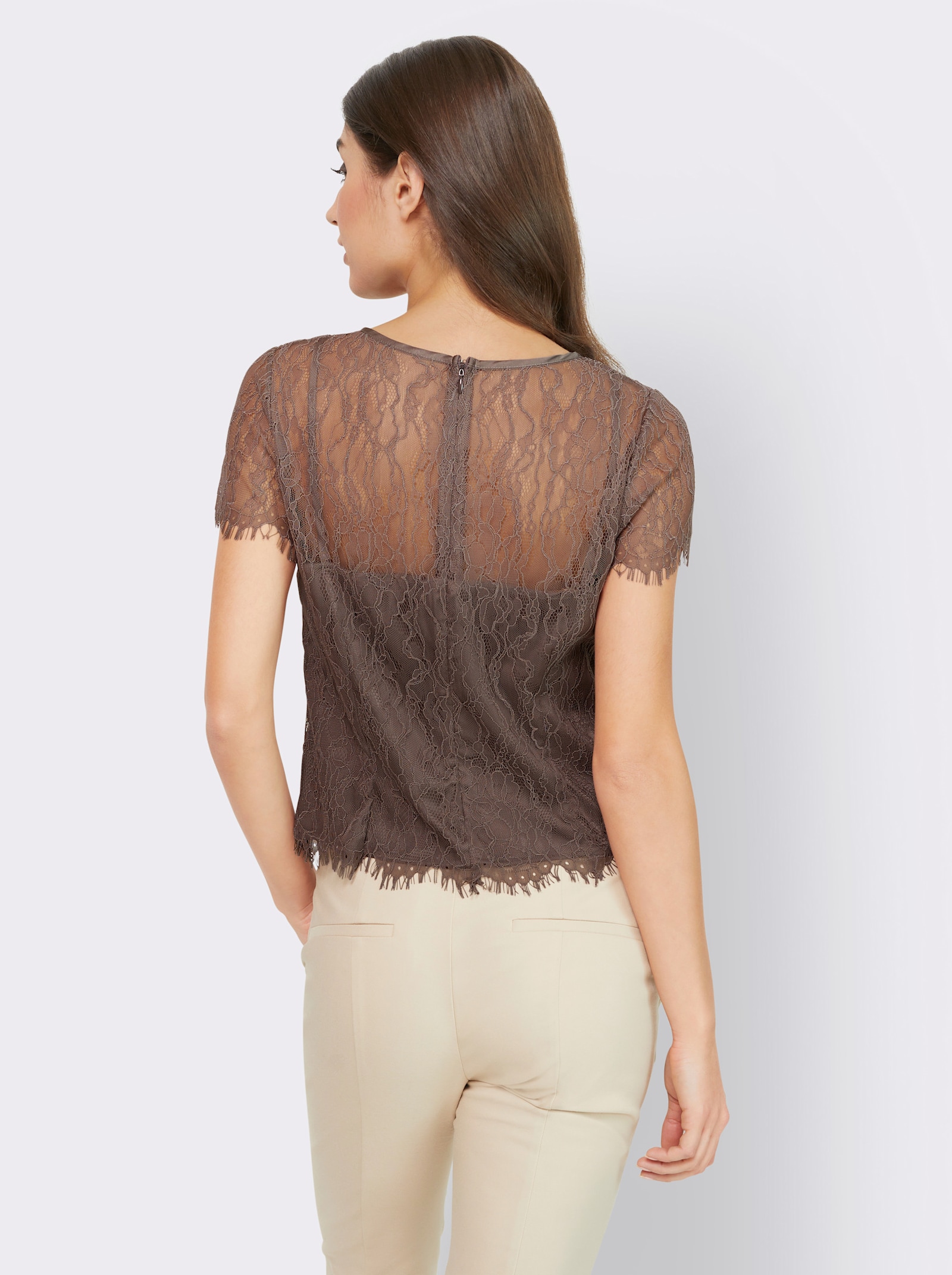 heine Blouse met korte mouwen van kant - donkertaupe