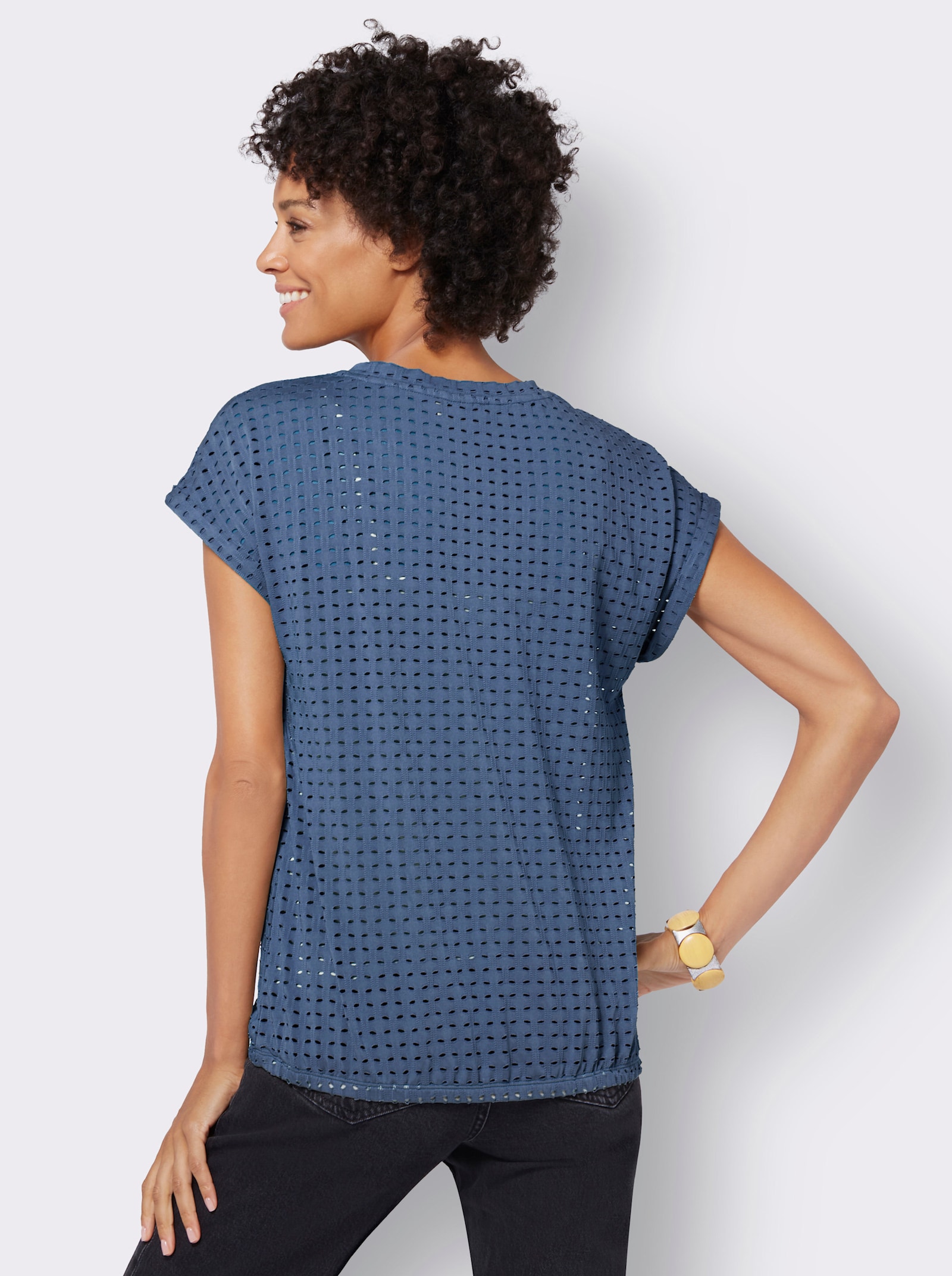 Kurzarmshirt mit Lochmuster - jeansblau