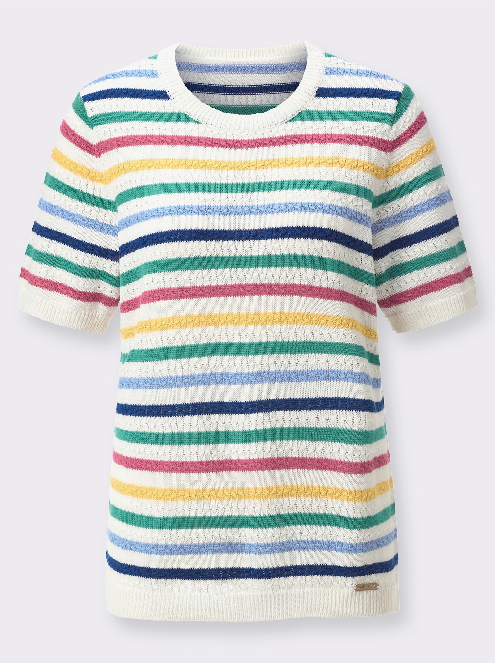 Kurzarmpullover mit Strick- und Ringel-Muster - gelb-royalblau-geringelt