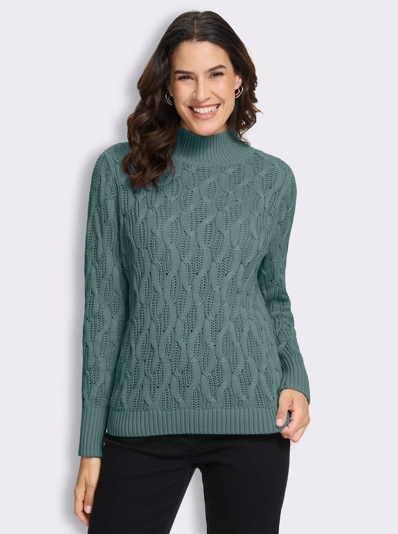  Stehkragenpullover mit Zopfmuster rundum - jade