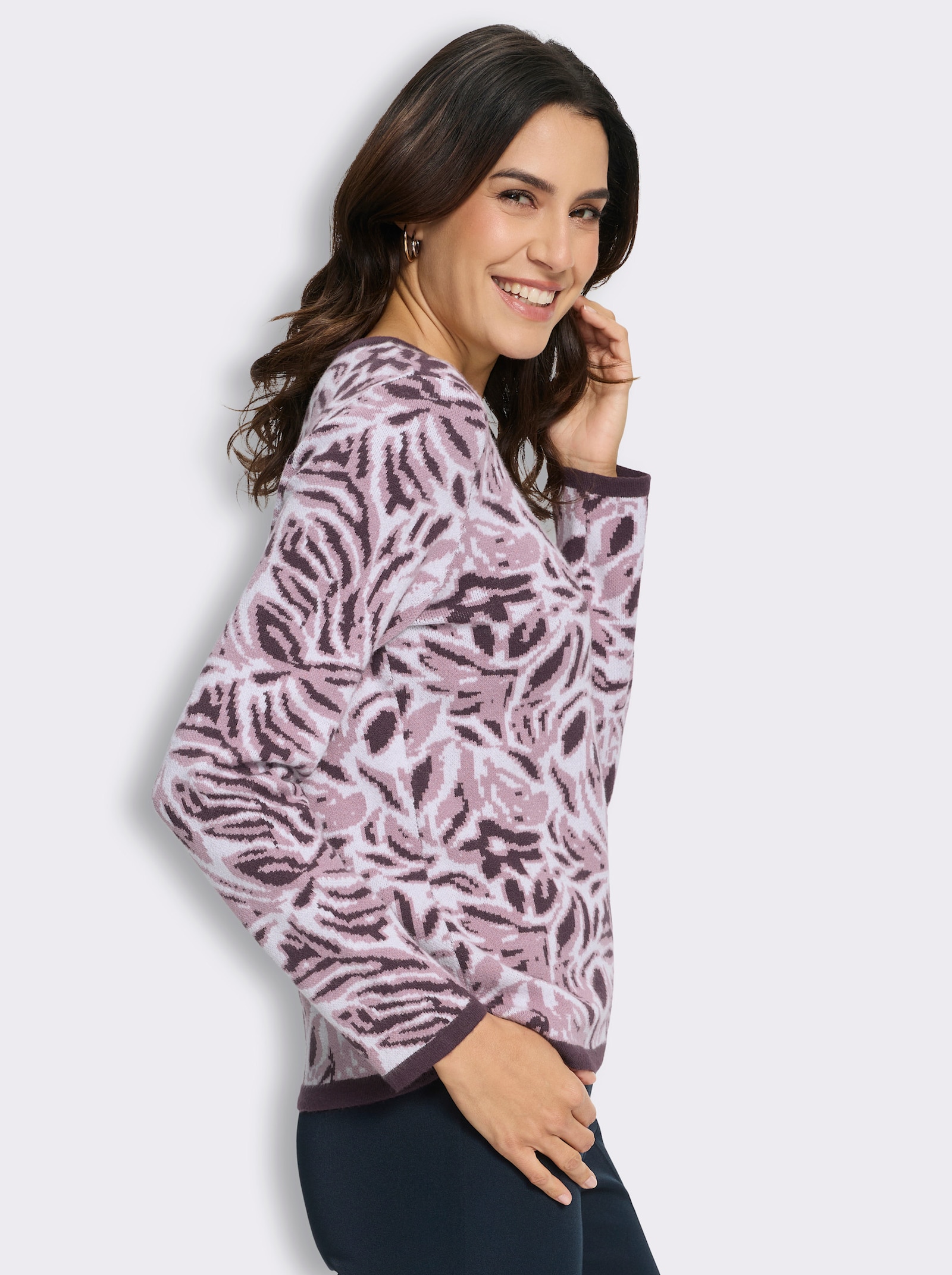 Jacquard-Pullover mit floralem Muster - aubergine-ecru-gemustert