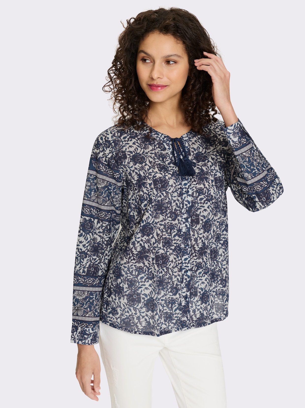 heine Druckbluse - champagner-dunkelblau-bedruckt