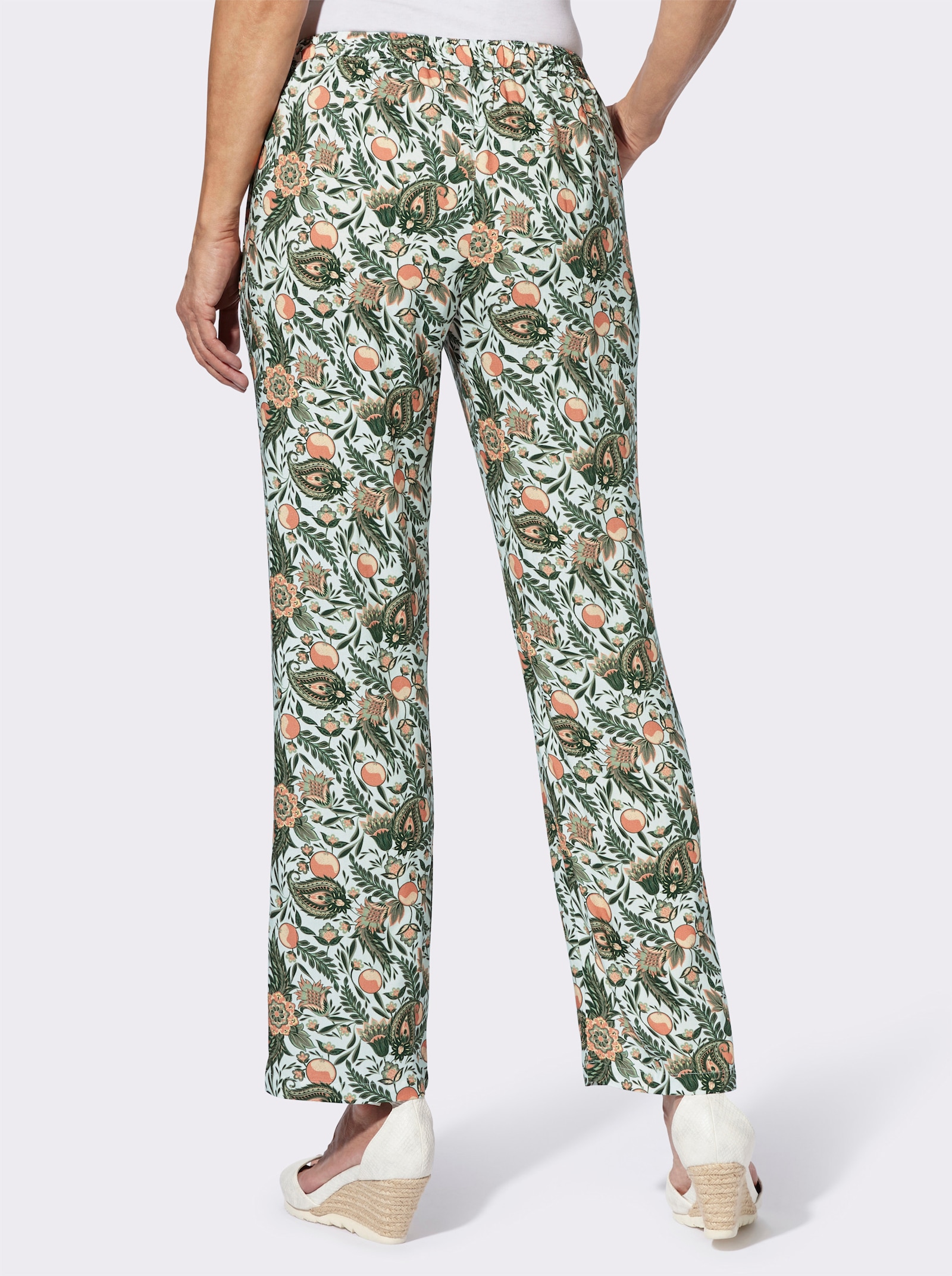 Comfortbroek van pure viscose - ecru/eucalyptus bedrukt