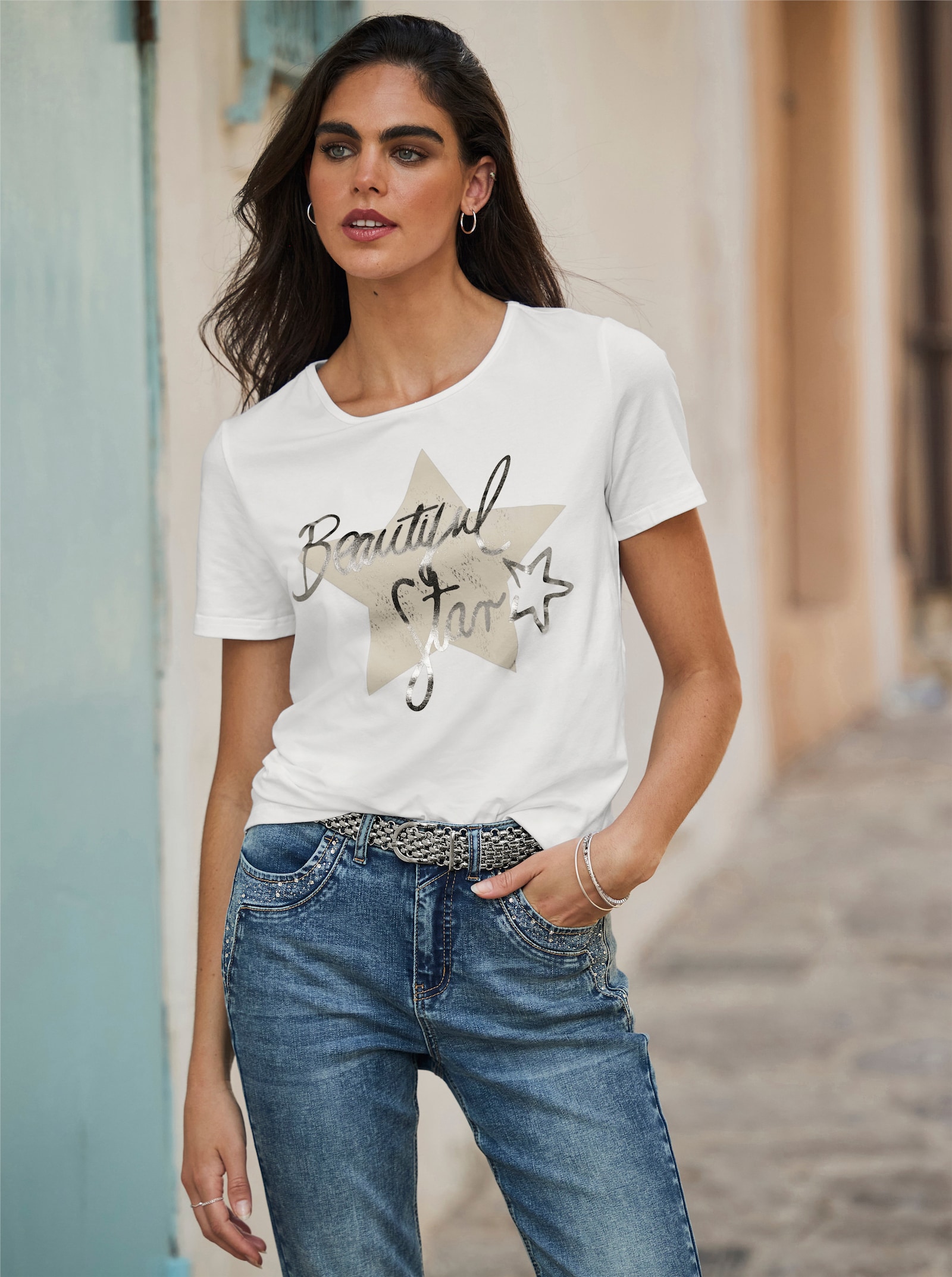 heine Print-Shirt mit Stern-Print - weiss