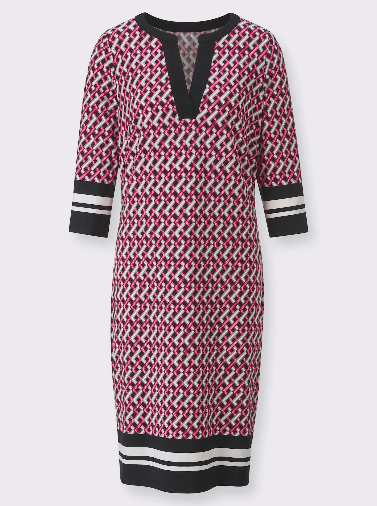 Jerseykleid mit 3/4-Ärmeln - rot-schwarz-bedruckt