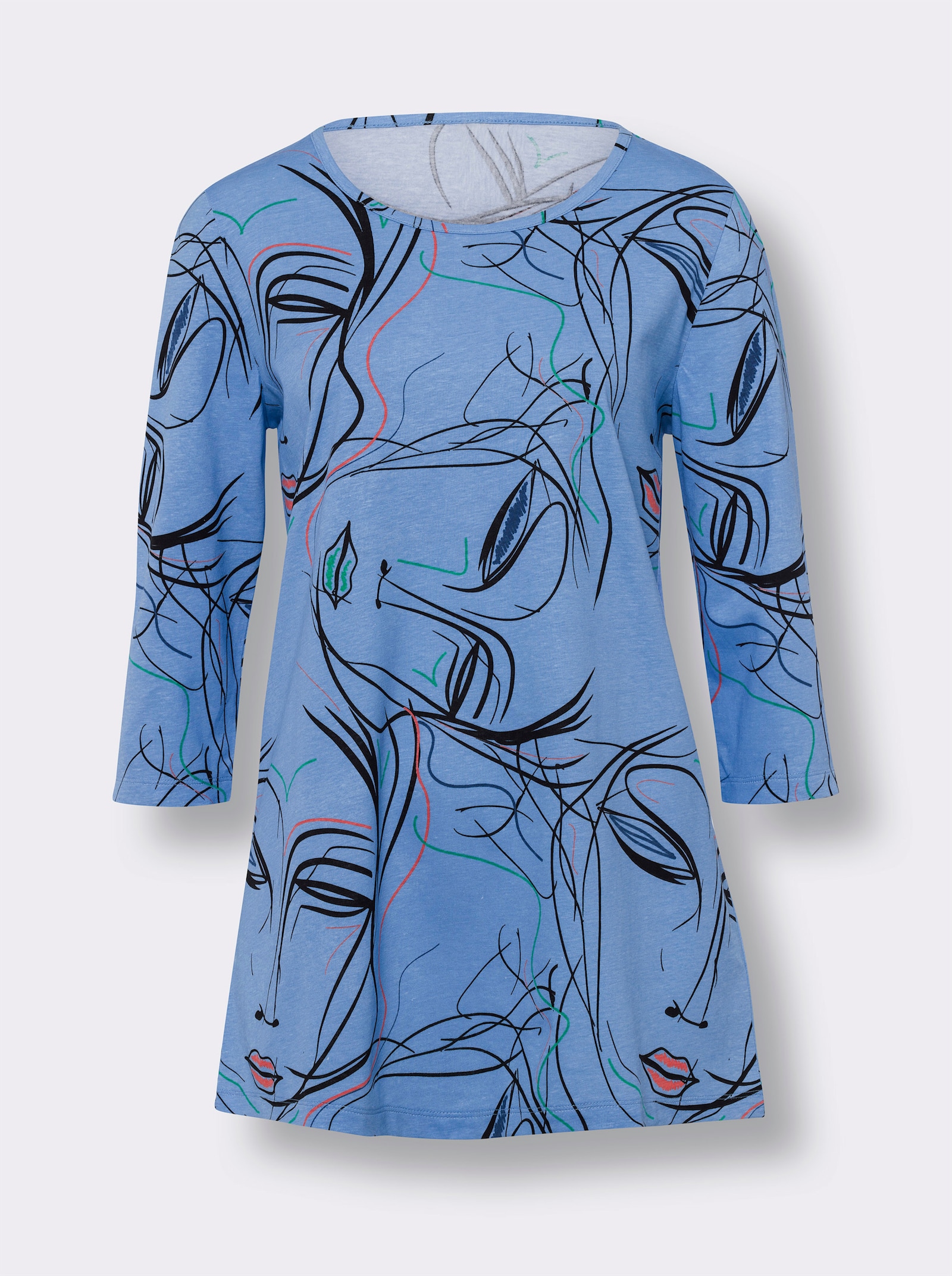 Lang shirt met 3/4-mouwen - hemelsblauw/zwart bedrukt