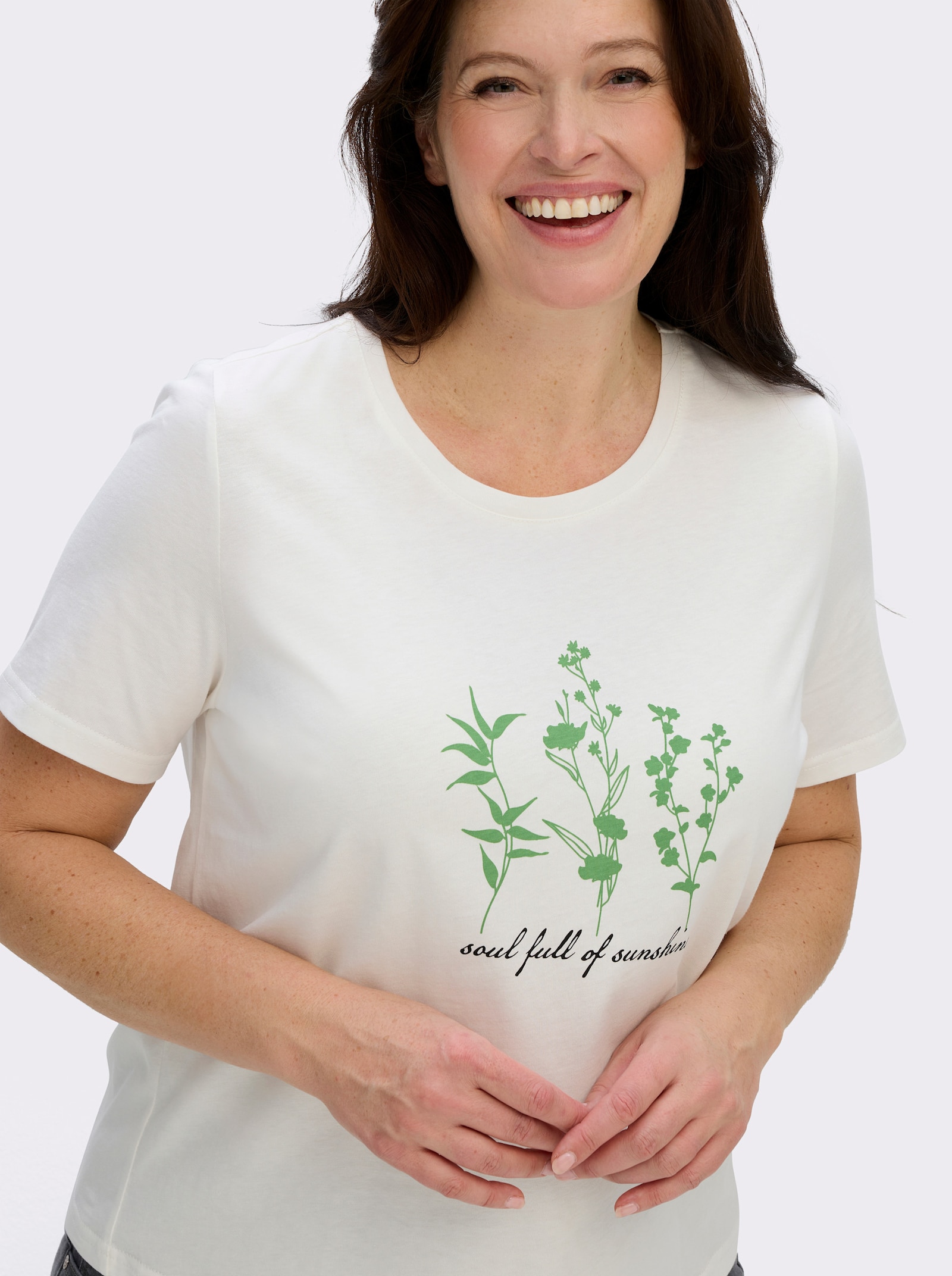 Kurzarmshirt mit floralem Motiv - ecru-apfel-bedruckt