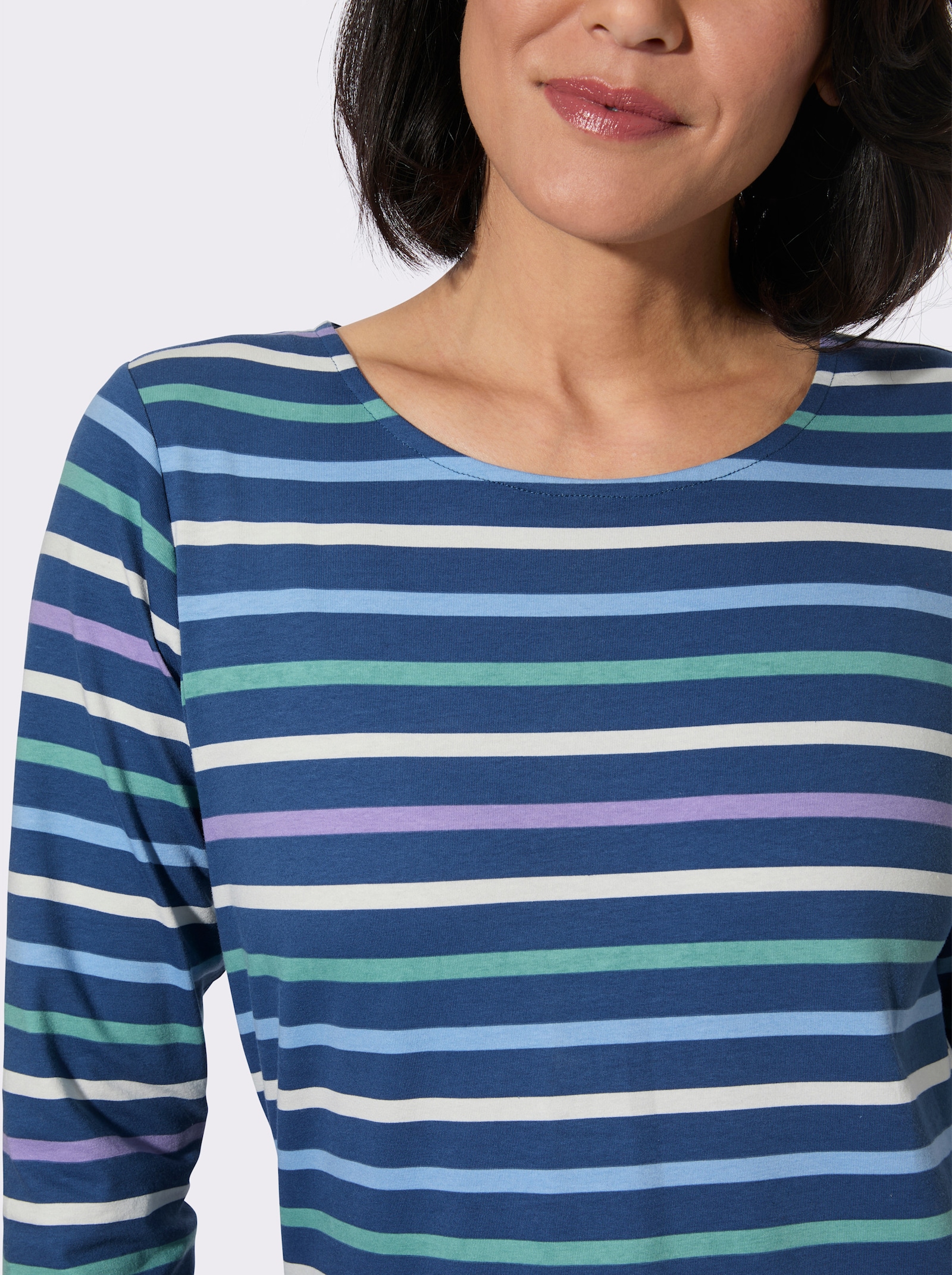 Print-Shirt mit langen Ärmeln - jeansblau-ecru-geringelt