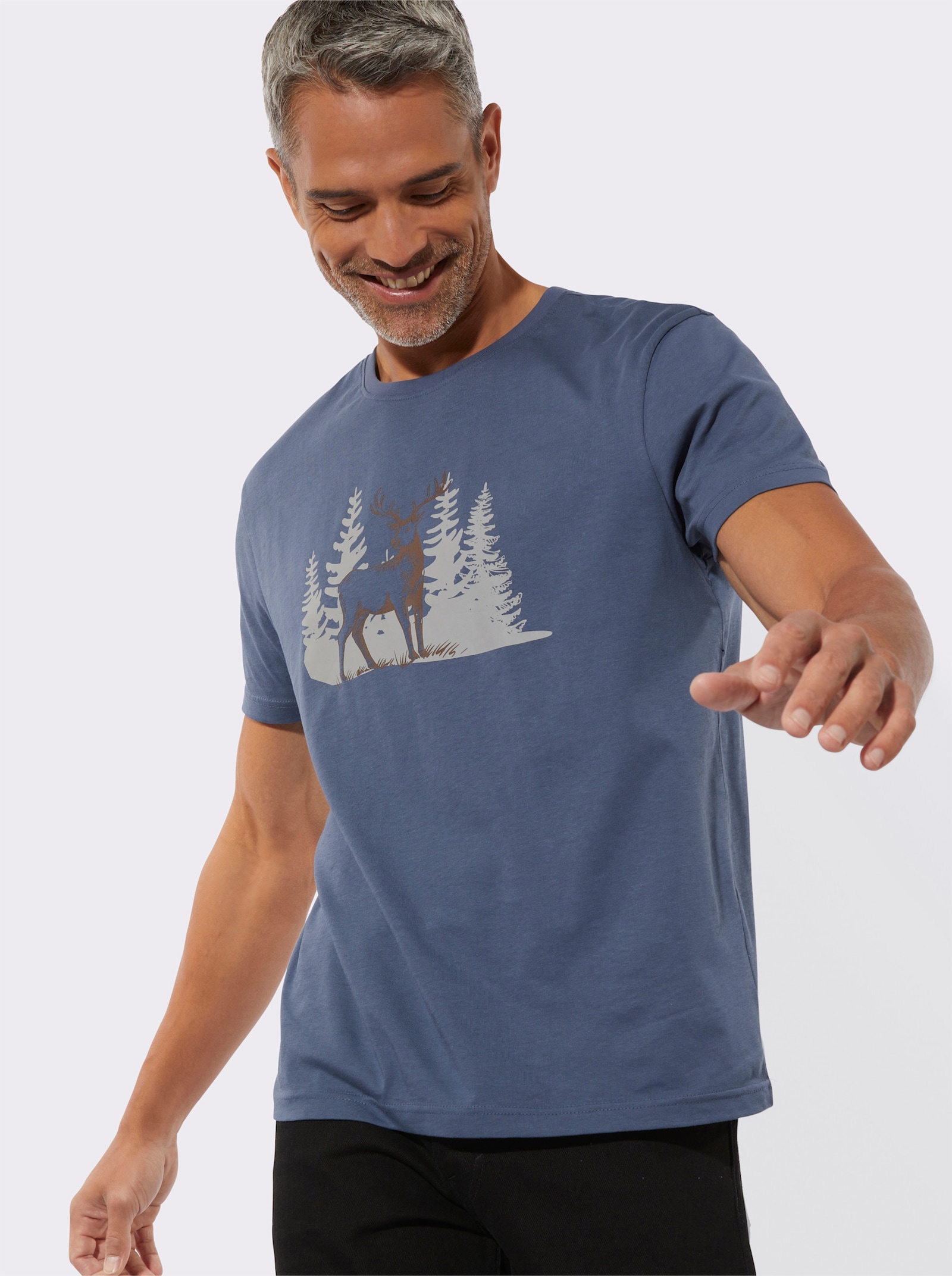 Kurzarmshirt mit platziertem Hirsch-Druck - rauchblau