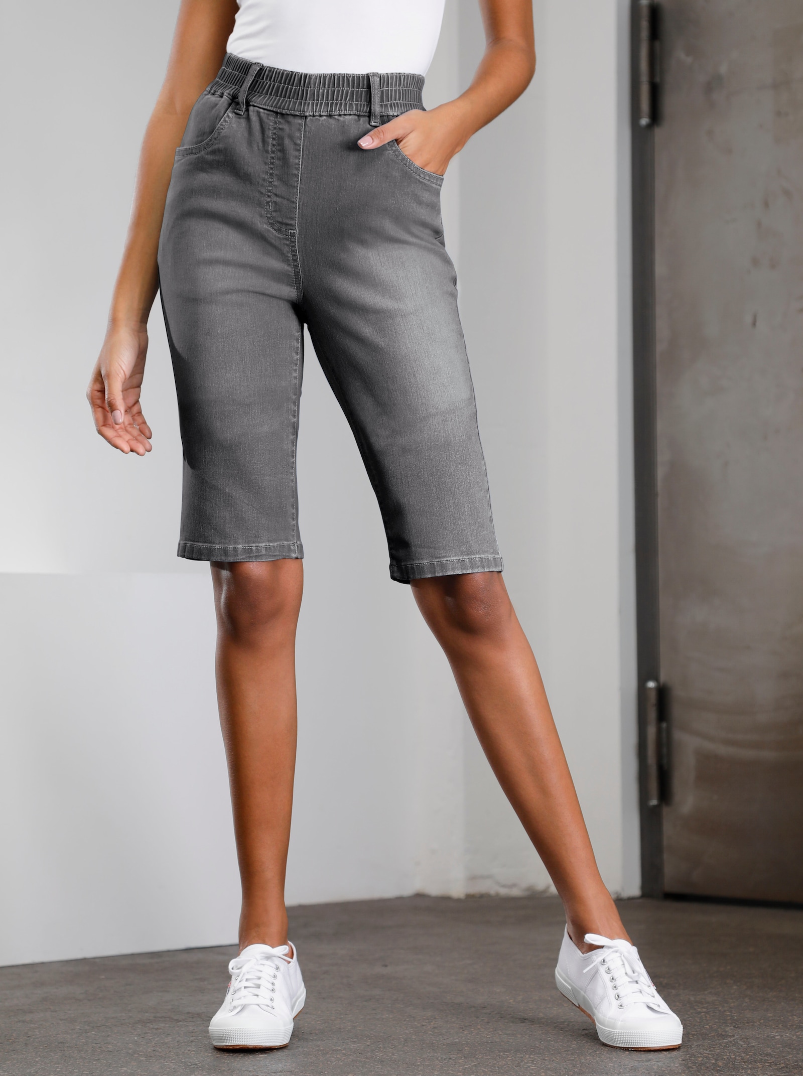 Jeansbermudas mit hohem Rundum-Dehnbund - grey-denim