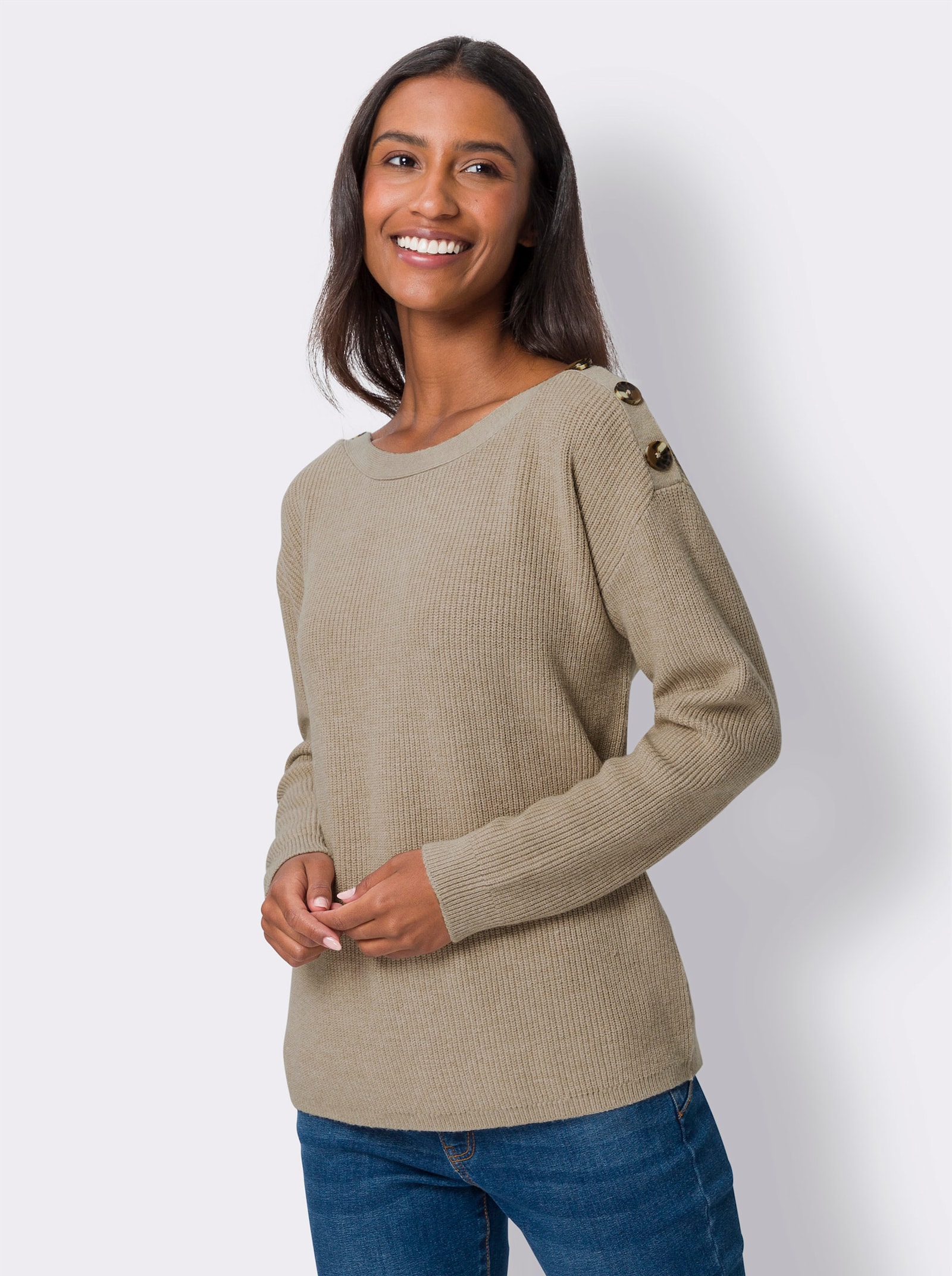 heine Strickpullover mit Zierknöpfen an den Schultern - beige-meliert