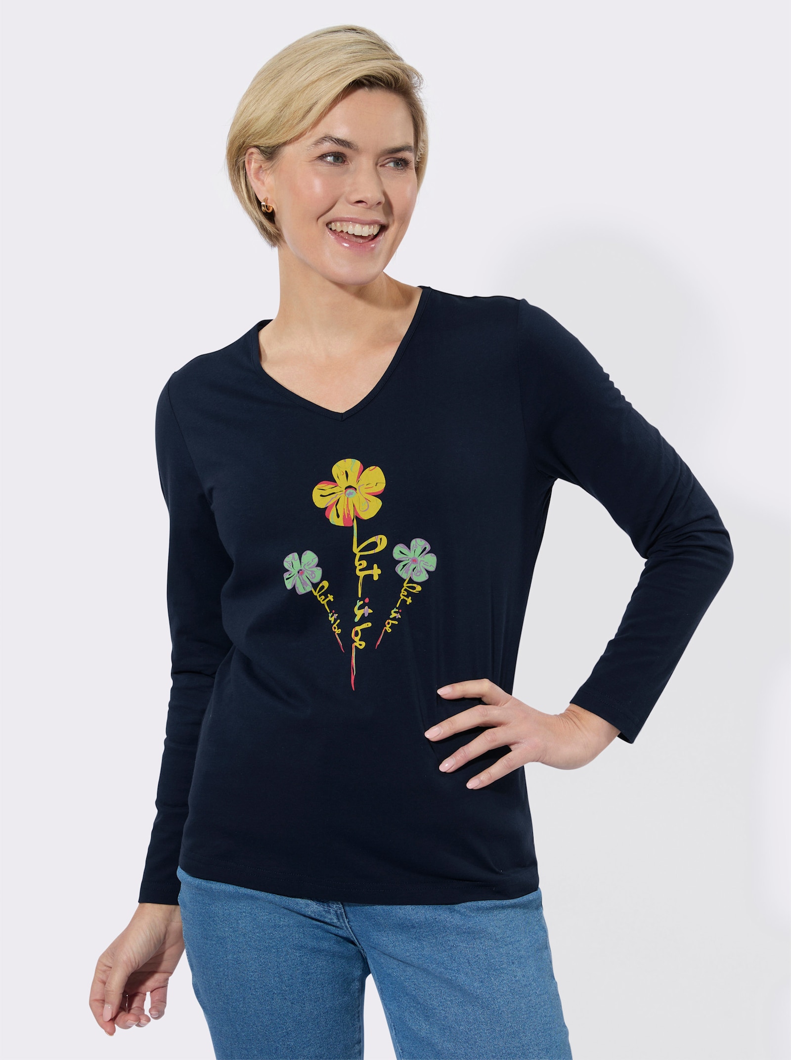 V-Shirt mit floralem Druck - marine