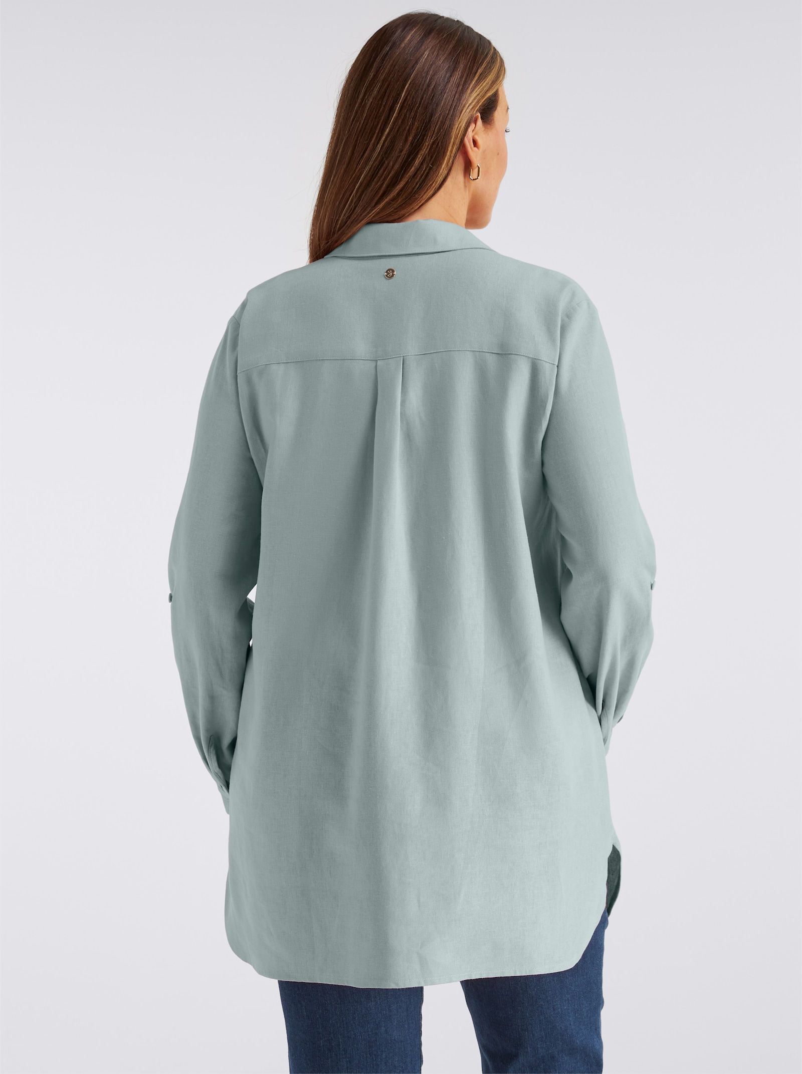 sheego Leinenbluse mit Pailletten an der Brusttasche - kalkmint