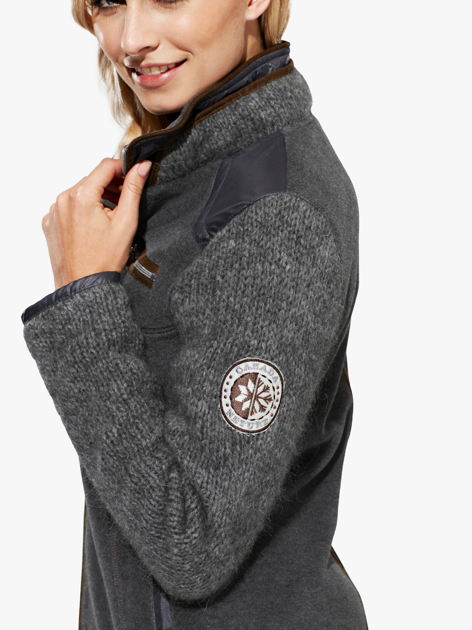 heine Fleecejack met gebreide mouwen - grijs