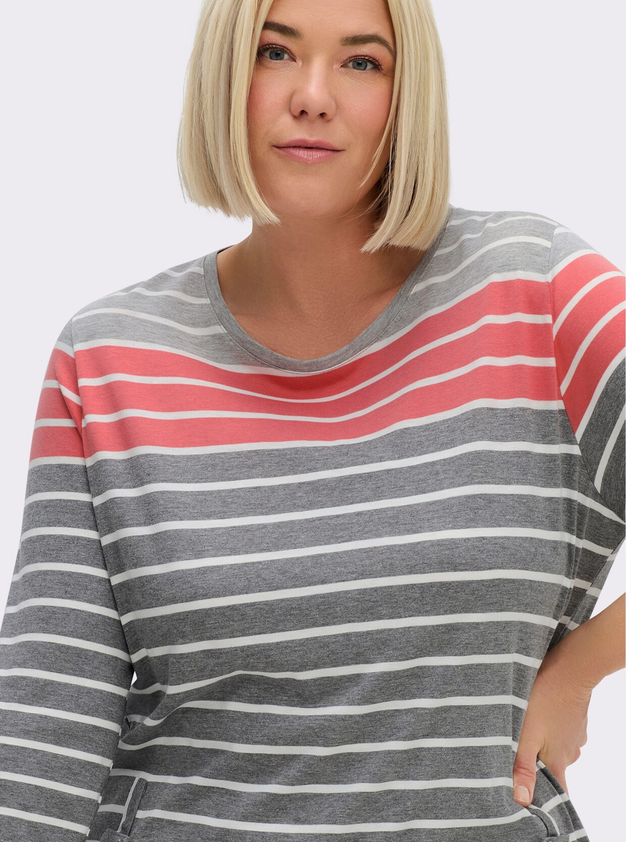 3/4-Arm-Shirt mit 2 imitierten Taschen - anthrazit-koralle-gestreift