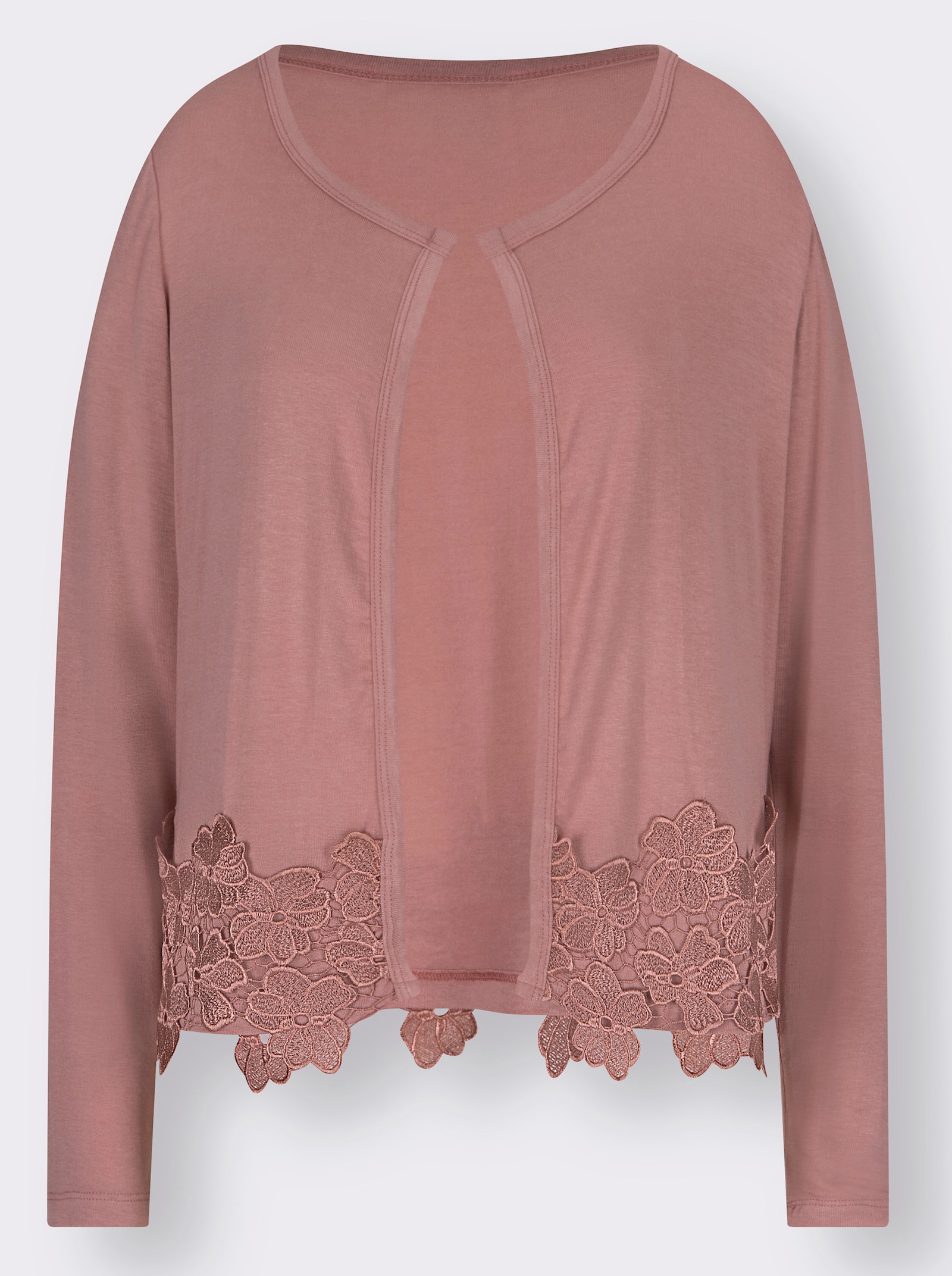 Shirtjacke mit Blütenspitze am Saum - rosenquarz