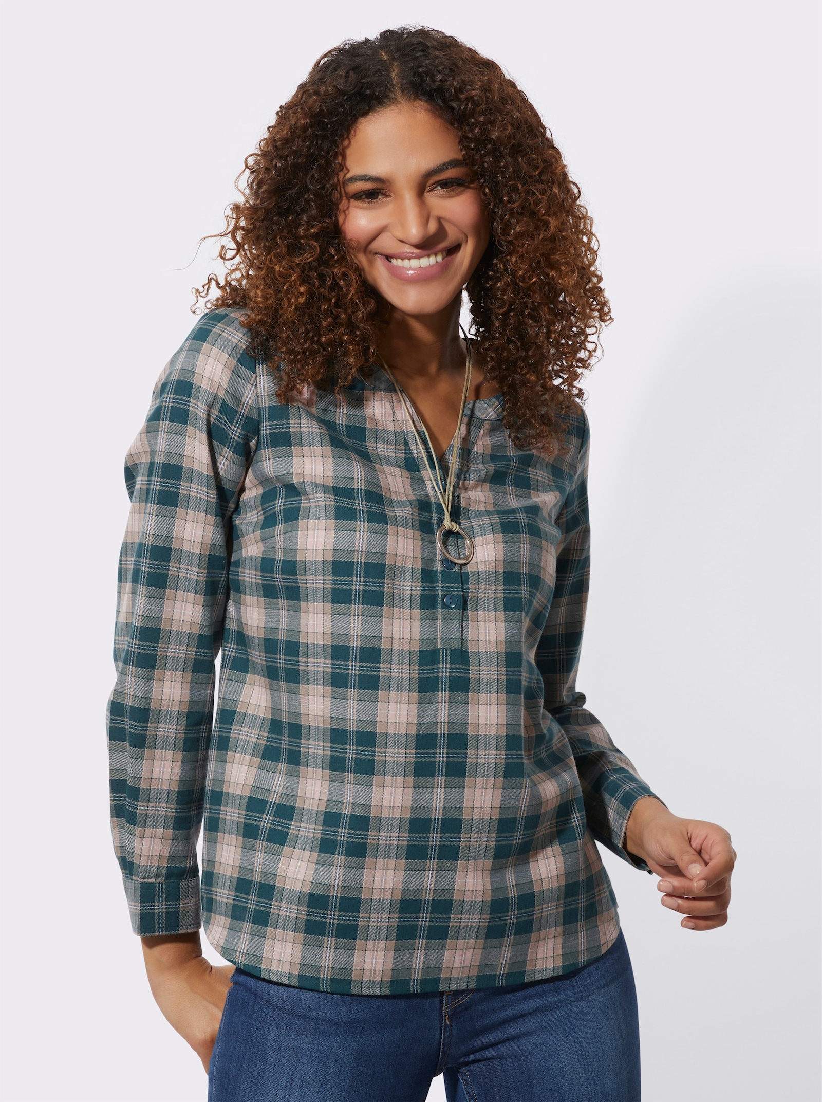 Geruite blouse van licht flanel - petrol/poudre geruit