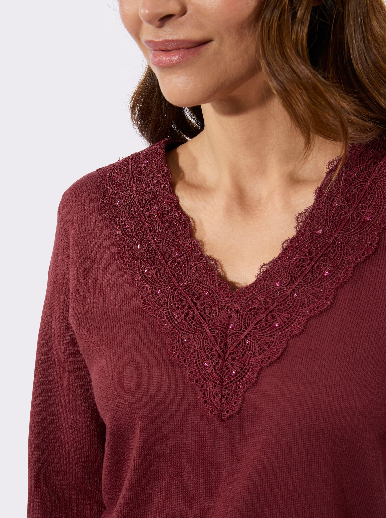 Feinstrickpullover mit Spitzenbesatz - dunkelrot