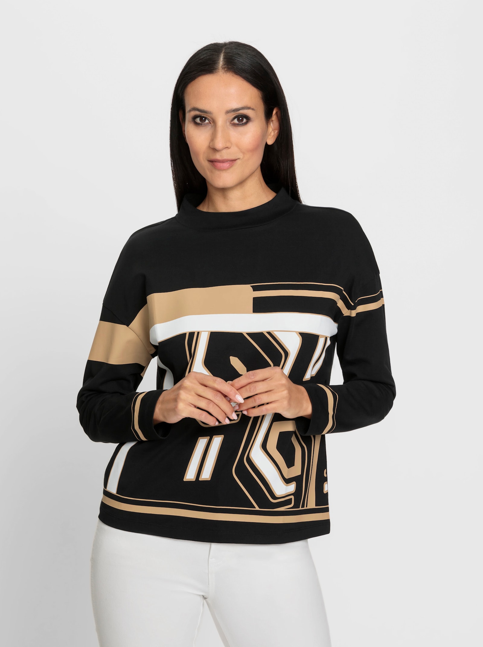 heine Stehkragenshirt mit Grafik-Print - schwarz-camel-bedruckt