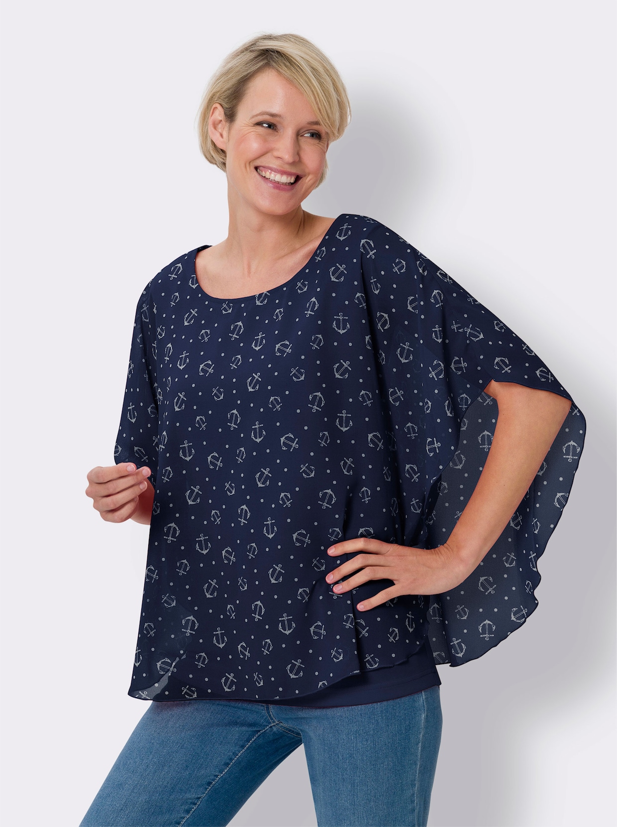 Georgetteblouse - marine/wit geprint