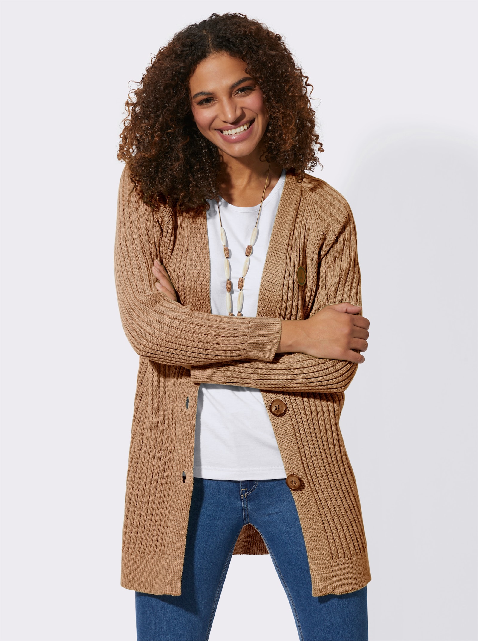 Longstrickjacke in Ripp-Optik - camel