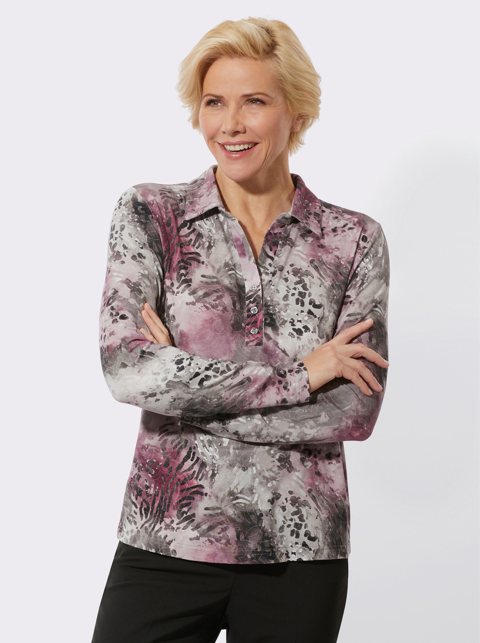 Poloshirt in Viskose-Qualität - steingrau-mauve-bedruckt