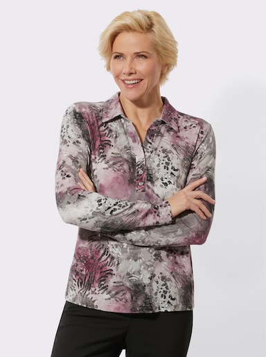 Poloshirt in Viskose-Qualität - steingrau-mauve-bedruckt