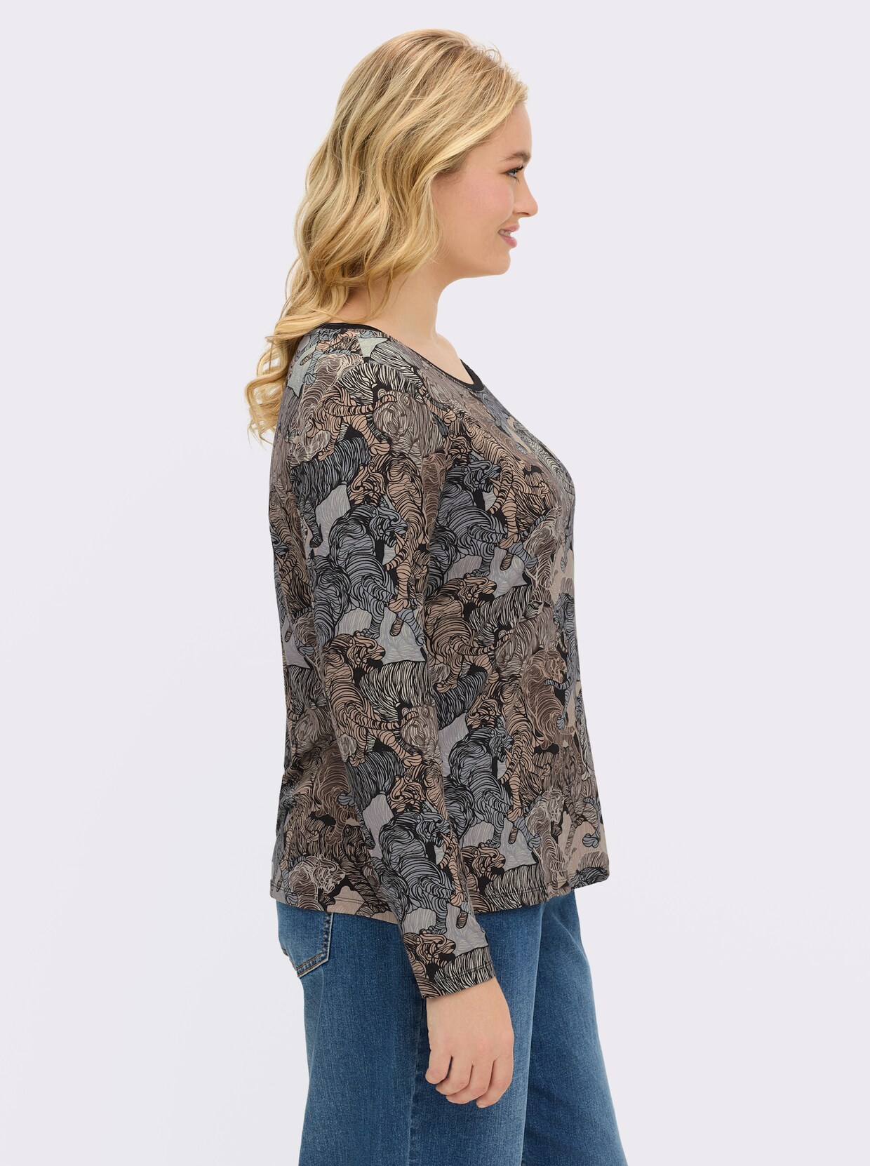 Langarmshirt mit kontrastfarbiger Paspel - schwarz-sand-bedruckt