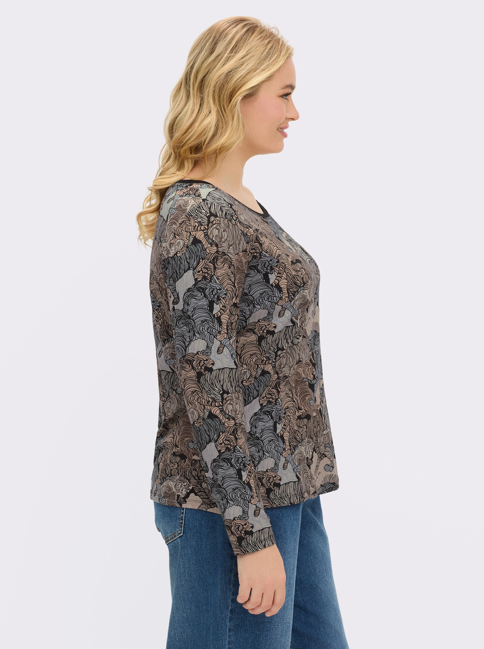 Langarmshirt mit kontrastfarbiger Paspel - schwarz-sand-bedruckt