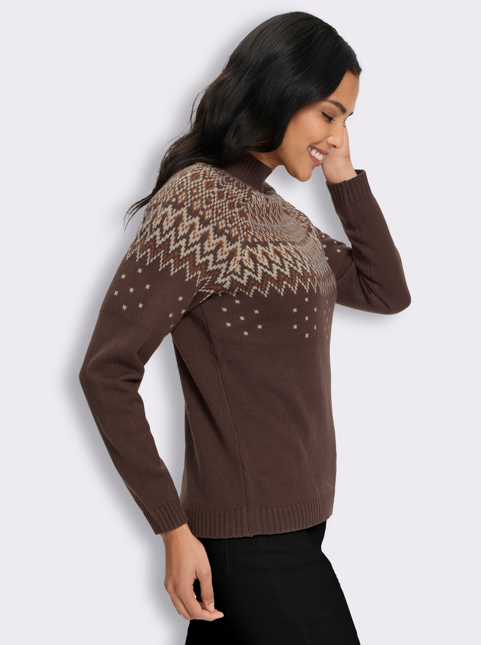 Stehkragenpullover im Norwegermuster - schoko-camel-gemustert