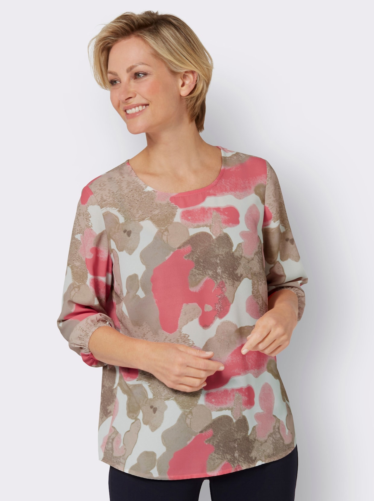 Comfortabele blouse - koraal/kaki geprint