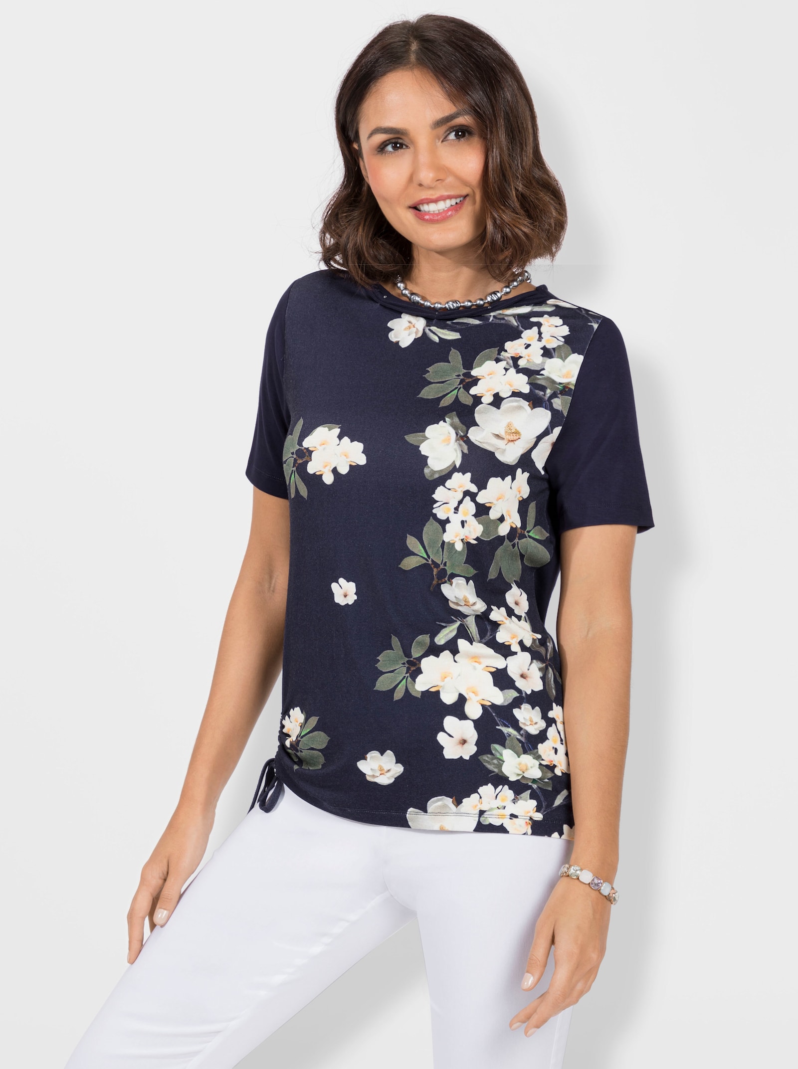 Rundhalsshirt mit Bindebändchen - marine-ecru-bedruckt