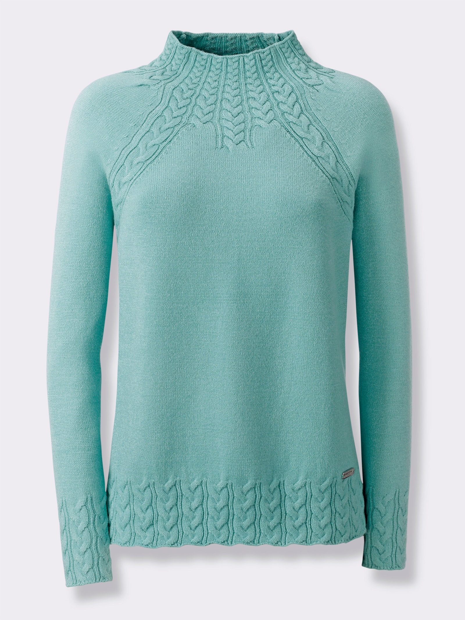 Stehkragenpullover mit Zopfmuster vorn - salbei