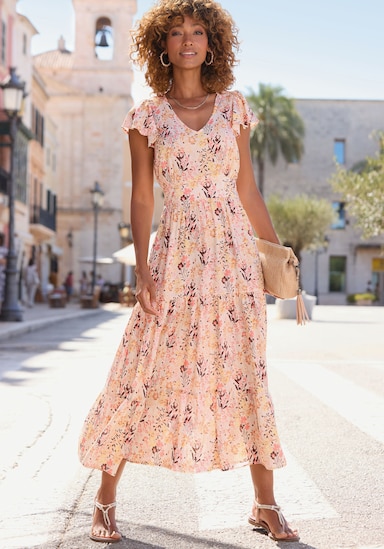 Vivance Midikleid - beige-braun-koralle bedruckt