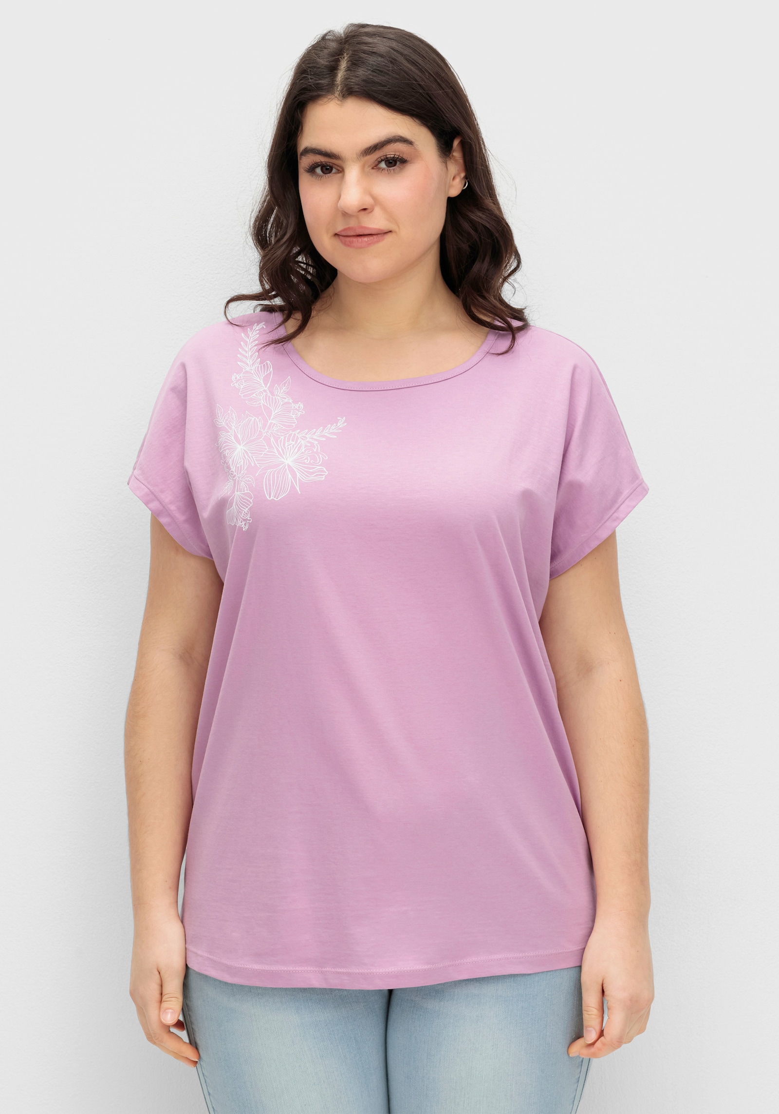 Rundhalsshirt mit zartem Blumenprint - orchidee-ecru